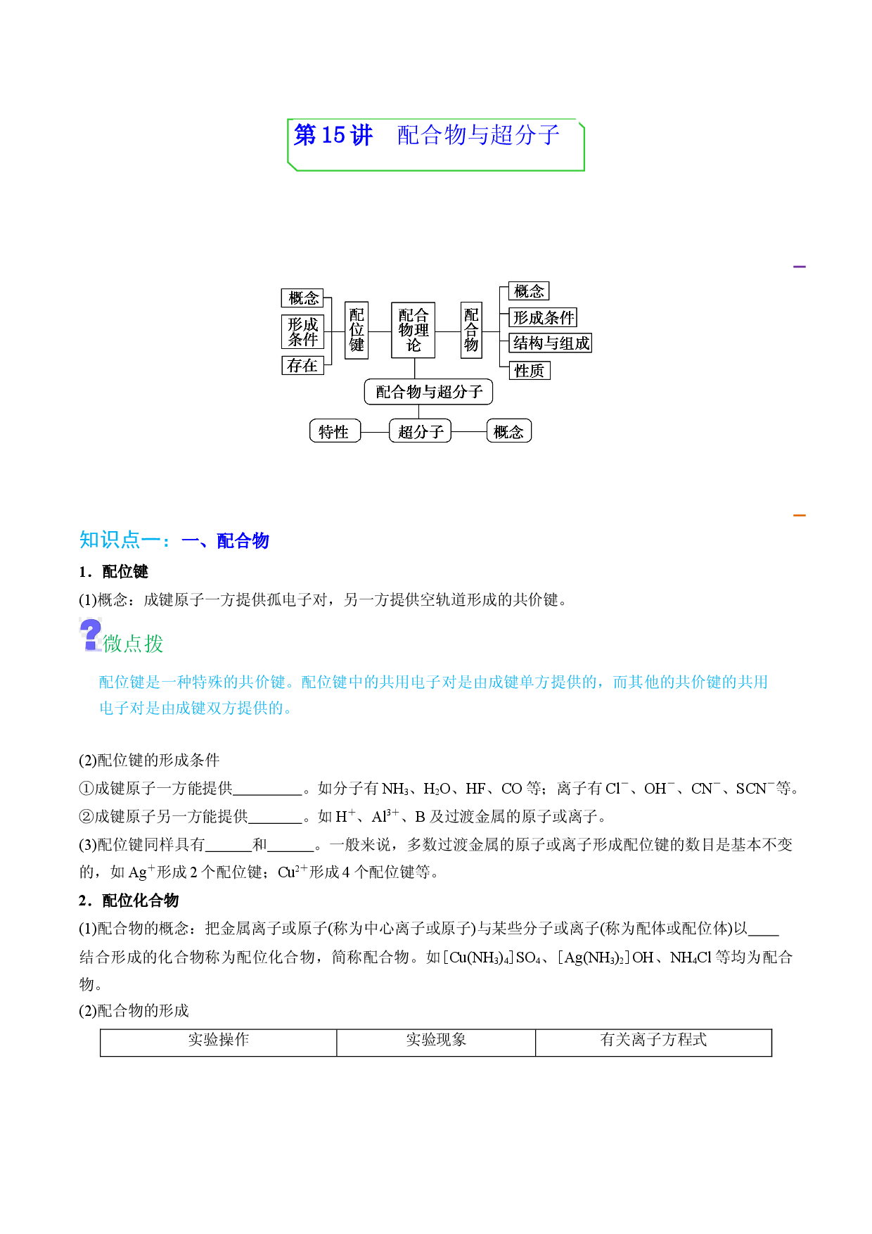 第15讲配合物与超分子 （学生版）-2022-2023学年高二化学同步精品讲义（人教2019选择性必修2 ）.docx 第1页