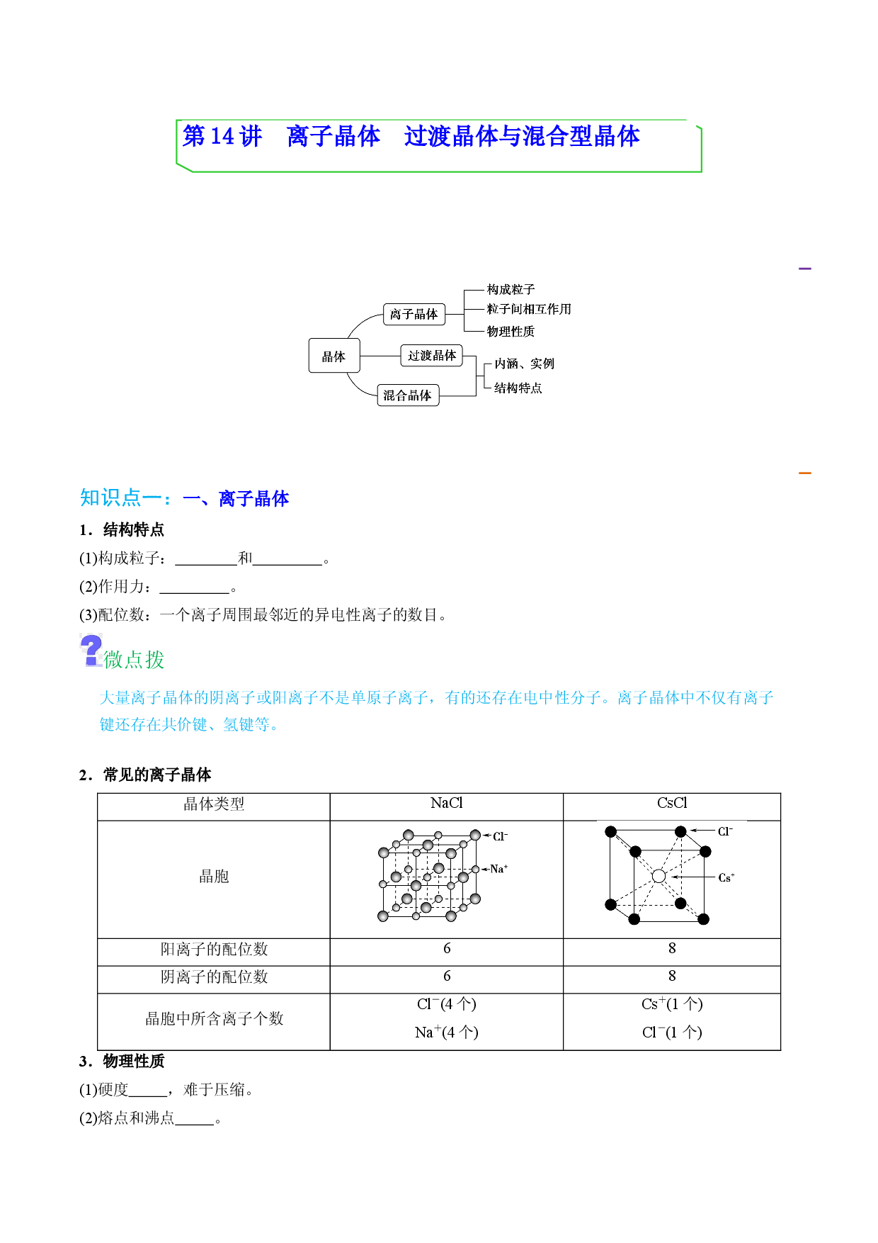 第14讲离子晶体　过渡晶体与混合型晶体 （学生版）-2022-2023学年高二化学同步精品讲义（人教2019选择性必修2 ）.docx 第1页