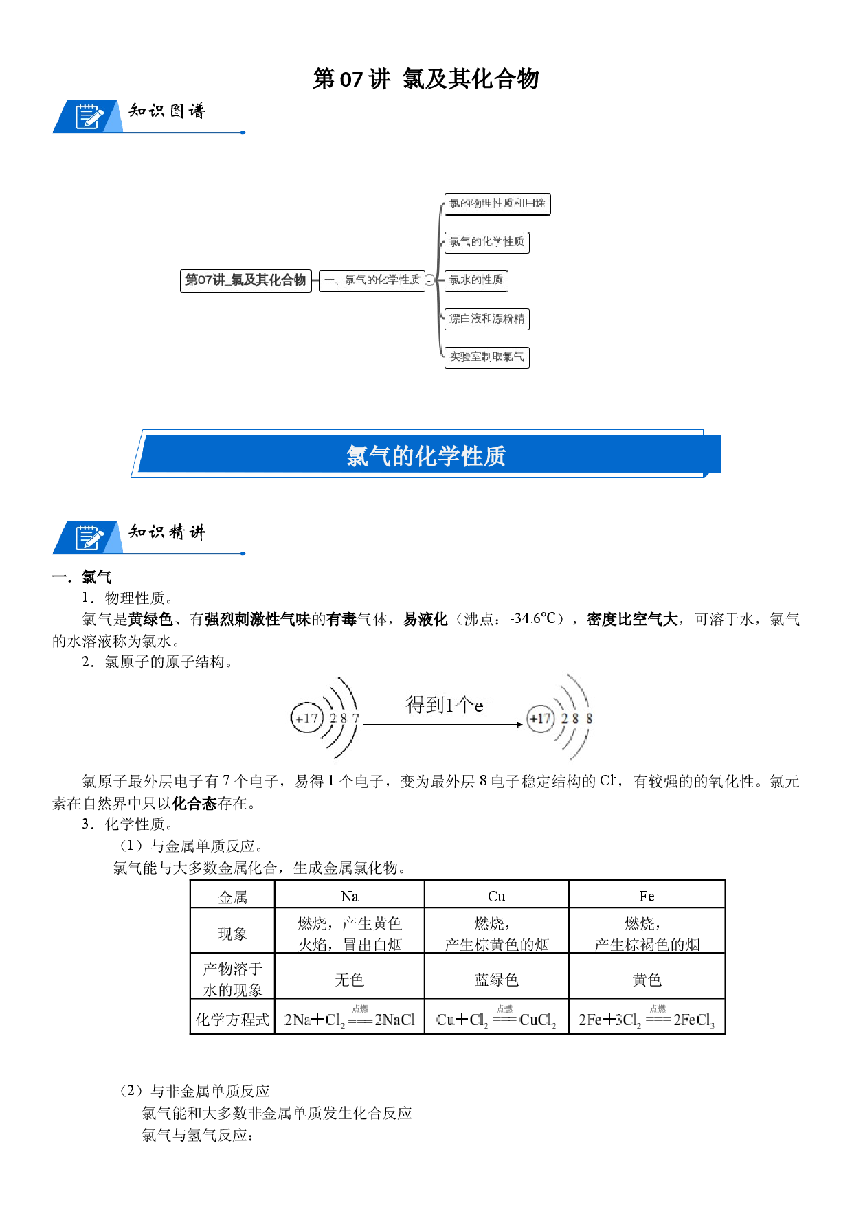 第07讲_氯及其化合物 讲义  2022-2023学年高一上学期化学人教版（2019）必修第一册 .docx 第1页