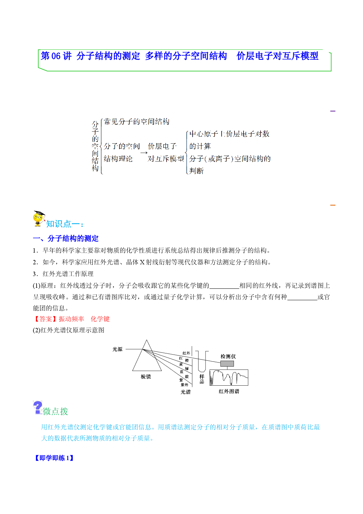 第06讲分子结构的测定　多样的分子空间结构　价层电子对互斥模型（教师版） 2022-2023学年高二化学同步精品讲义（人教）.docx 第1页