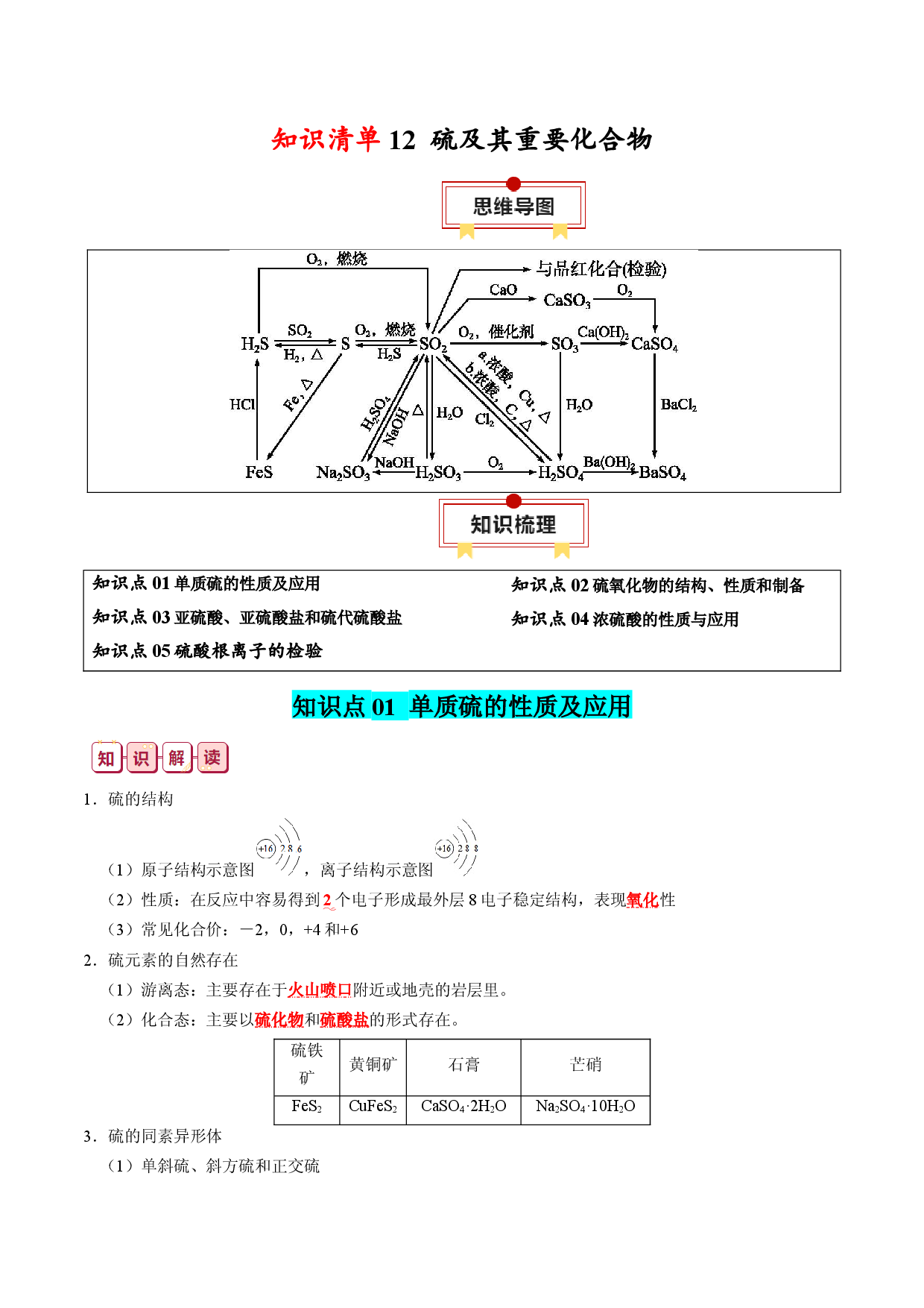 知识清单12  硫及其重要化合物-2024年高考化学一轮复习知识清单.docx 第1页