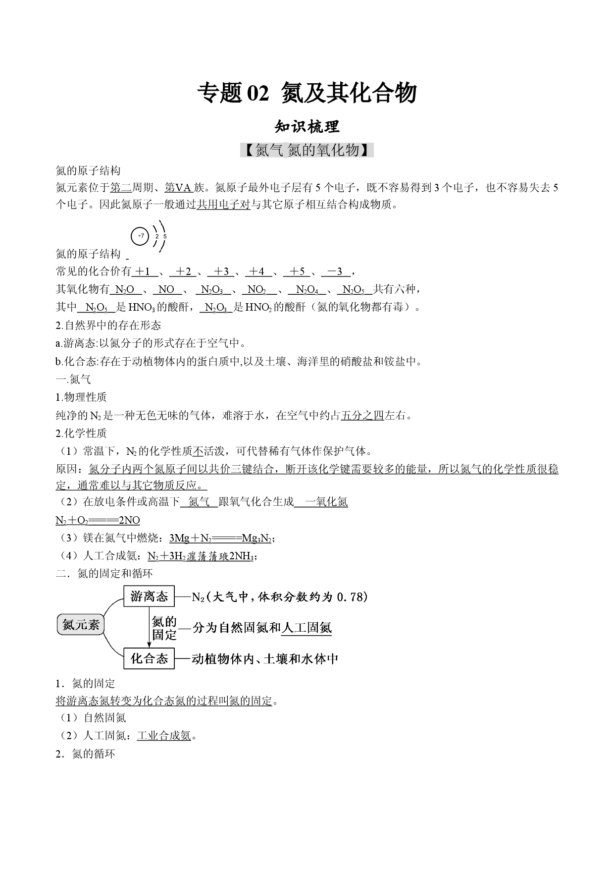 专题02 氮及其化合物【知识梳理】-2020-2021学年高一化学下学期期中专项复习（人教版2019必修第二册）（解析版）.doc 第1页