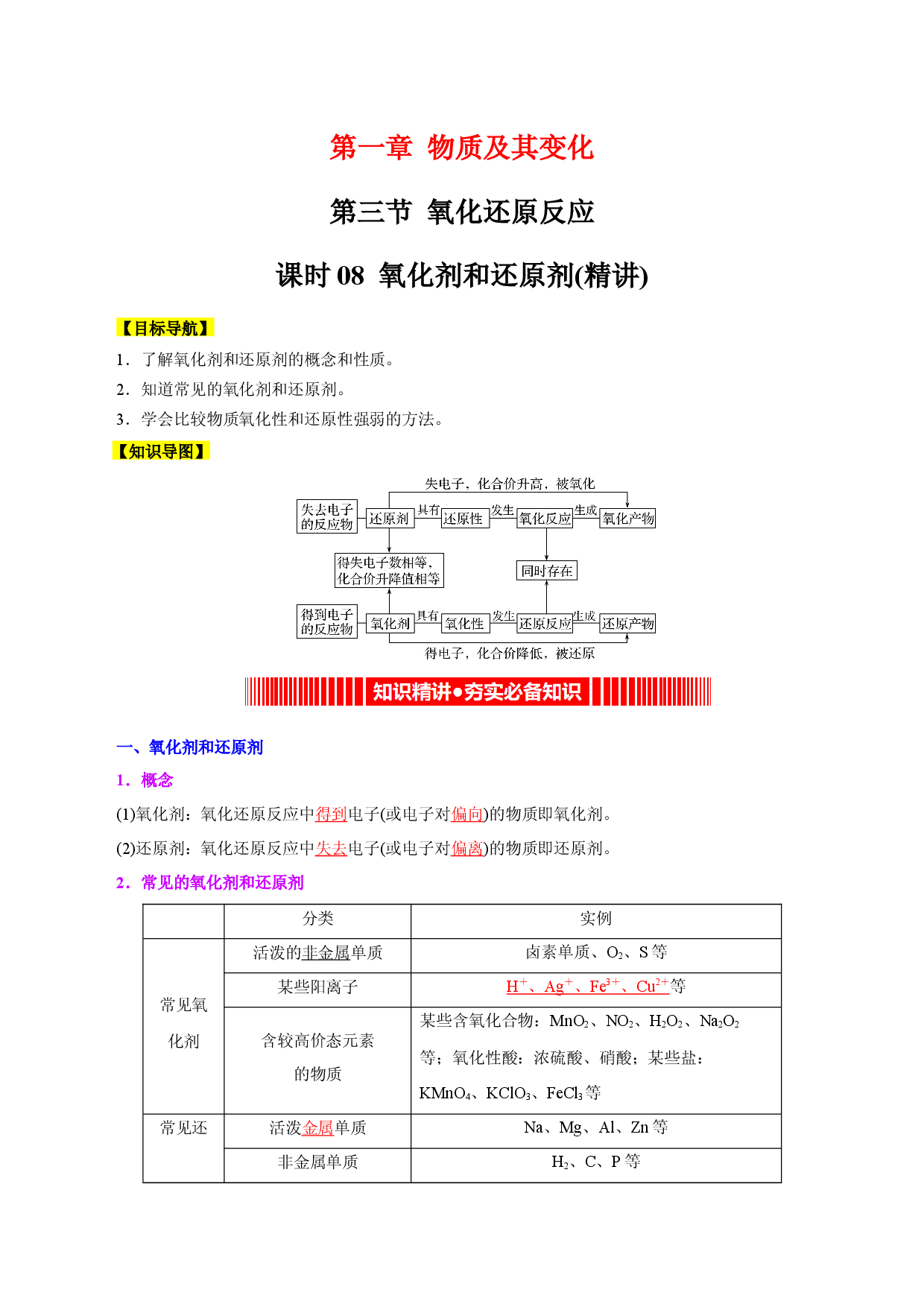 课时08  氧化剂和还原剂（精讲）-2022-2023学年高一化学同步课时核心考点讲与练（人教2019必修第一册）.docx 第1页