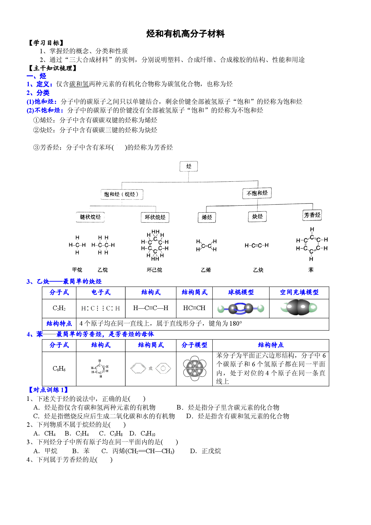 课时7.2.2 烃和有机高分子材料-2020-2021学年高一化学必修第二册精品讲义（新教材人教版）.doc 第1页