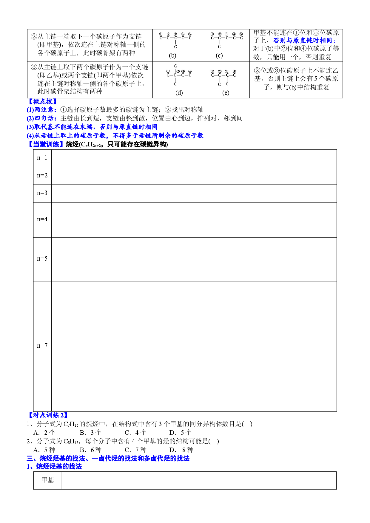 课时7.1.3 烷烃的同分异构体书写及取代物的种类-2020-2021学年高一化学必修第二册精品讲义（新教材人教版）.doc 第2页