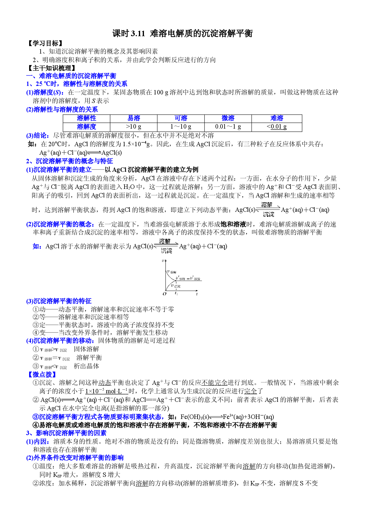 课时3.11 难溶电解质的沉淀溶解平衡-2021-2022学年高二化学选择性必修1精品讲义（人教版2019）.doc 第1页
