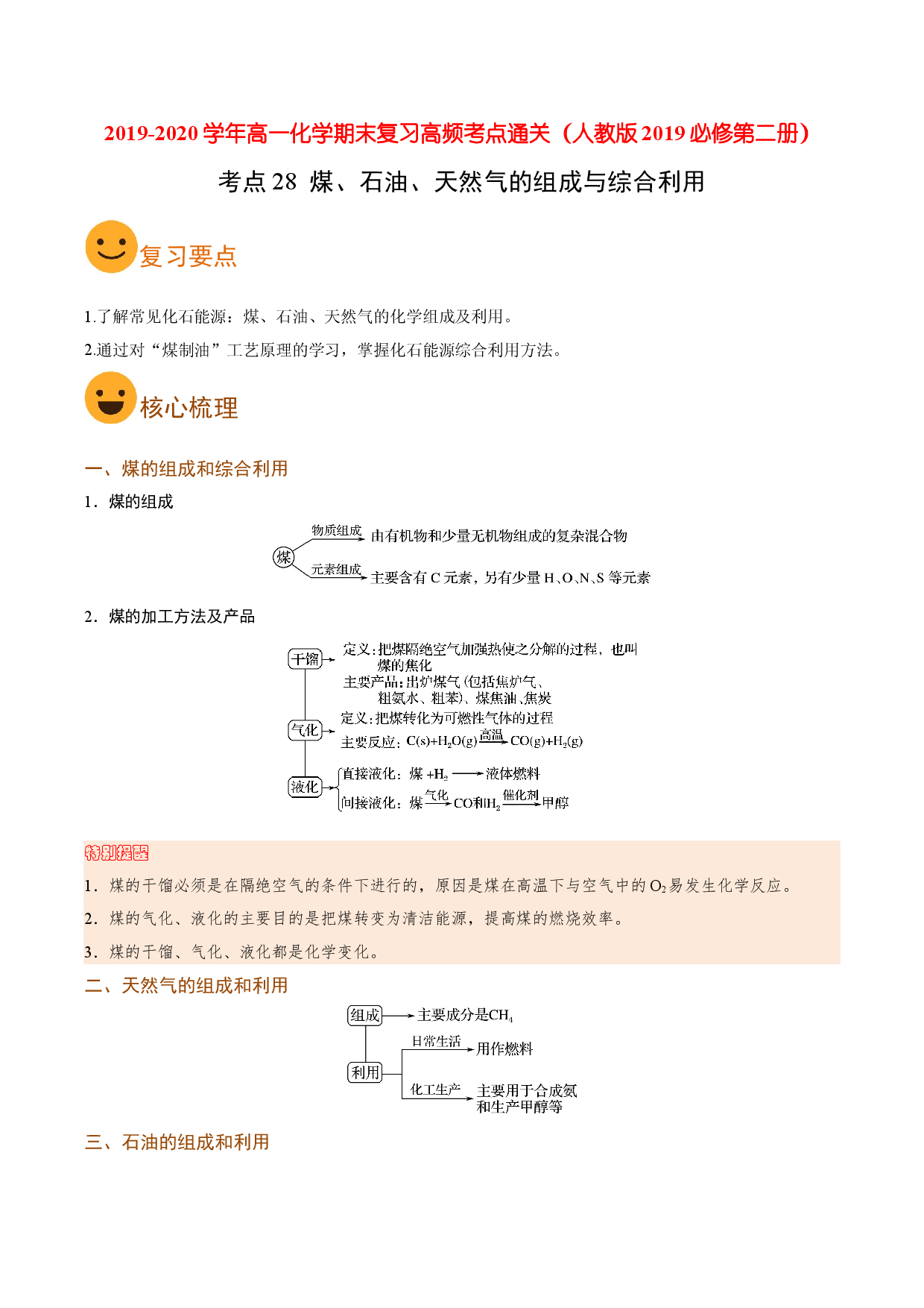 考点28 煤、石油、天然气的组成与综合利用（要点总结）-2019-2020学年高一化学期末复习高频考点通关（人教版2019必修第二册）.doc 第1页
