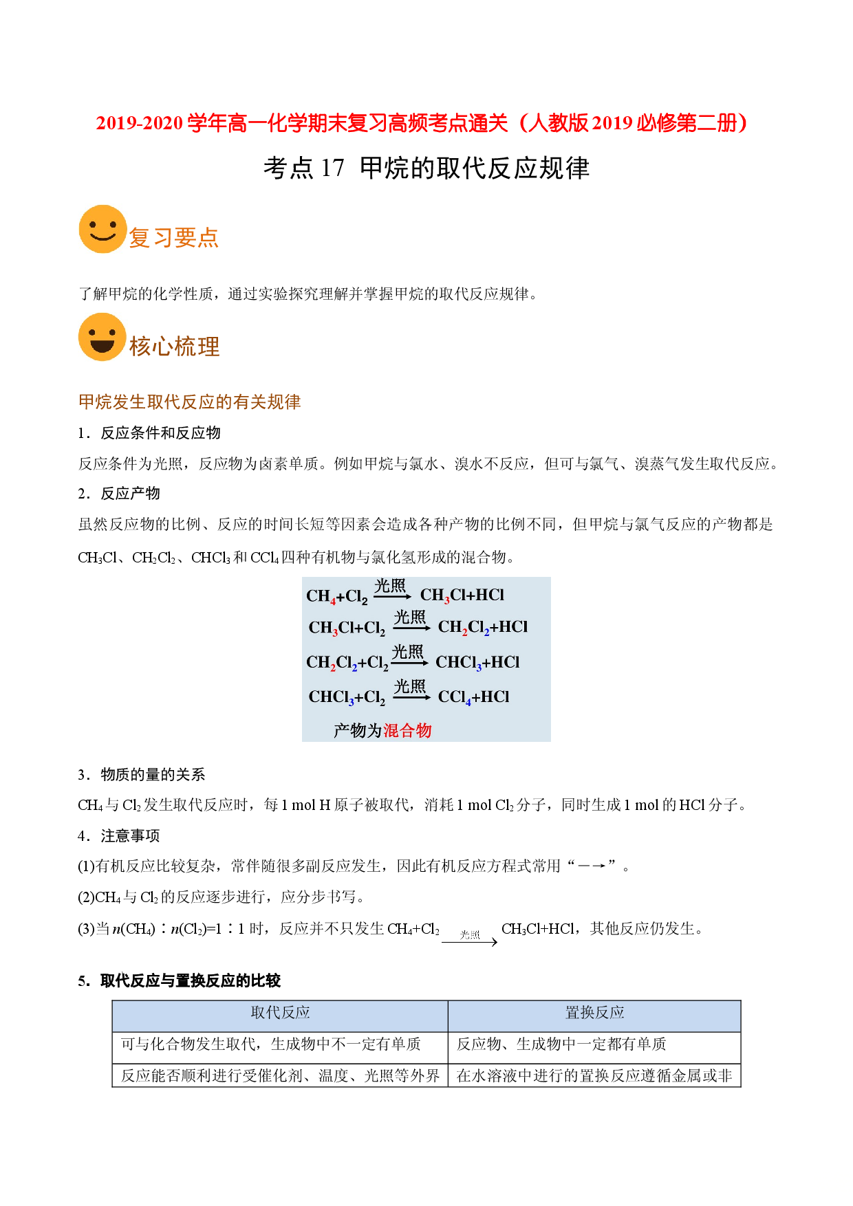 考点17 甲烷的取代反应规律（要点总结）-2019-2020学年高一化学期末复习高频考点通关（人教版2019必修第二册）.doc 第1页