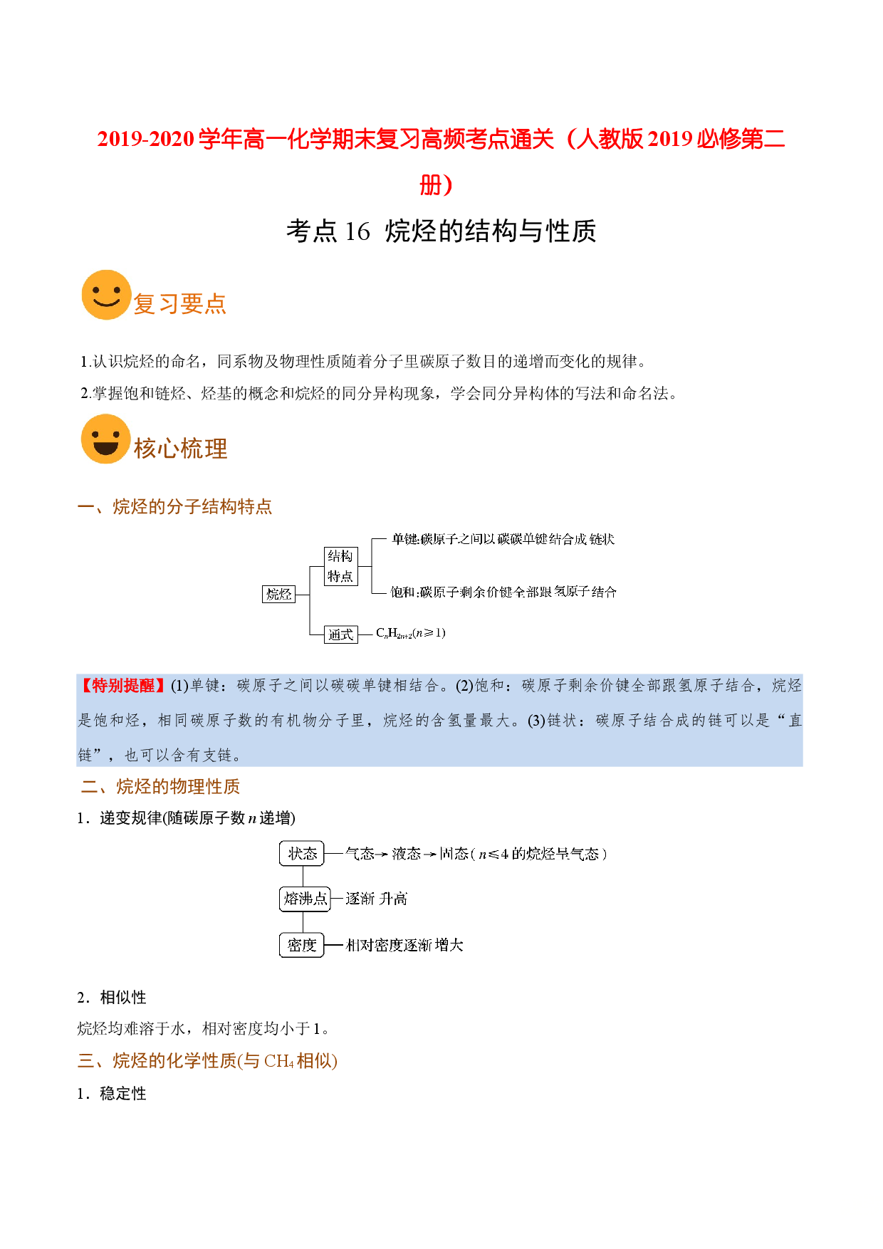 考点16 烷烃的结构与性质（要点总结）-2019-2020学年高一化学期末复习高频考点通关（人教版2019必修第二册）.doc 第1页