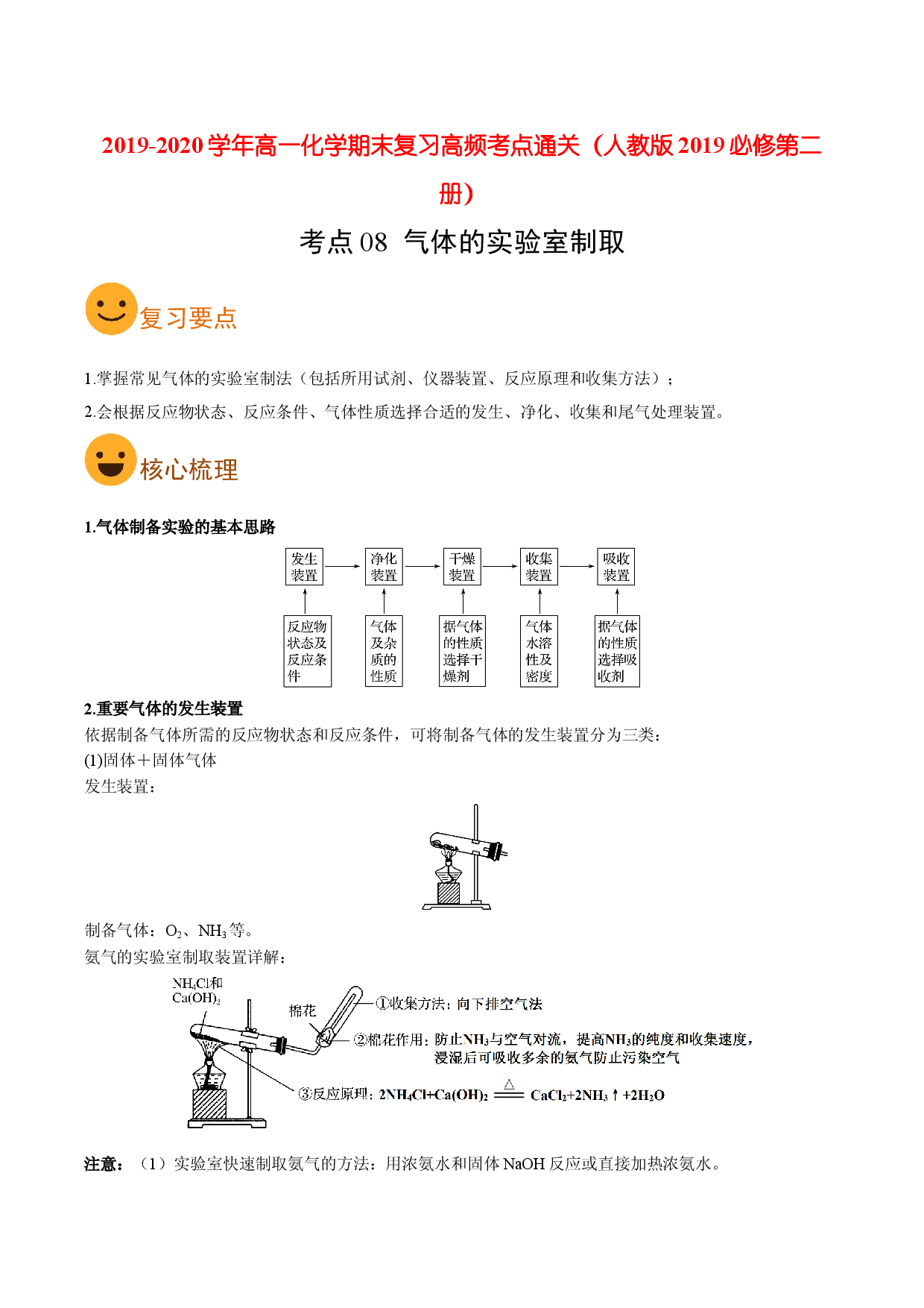 考点08 气体的实验室制取（要点总结）-2019-2020学年高一化学期末复习高频考点通关（人教版2019必修第二册）.doc 第1页