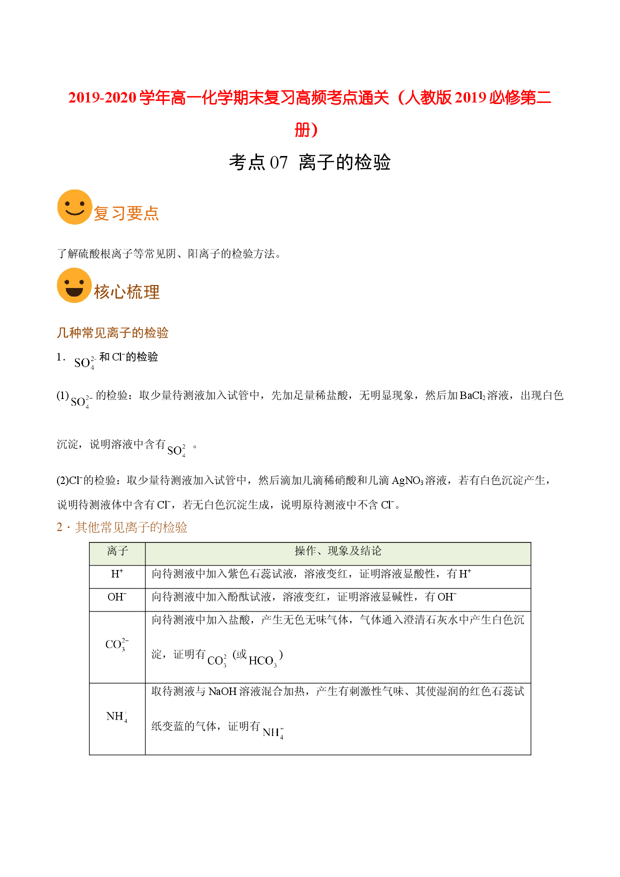 考点07 离子的检验（要点总结）-2019-2020学年高一化学期末复习高频考点通关（人教版2019必修第二册）.doc 第1页