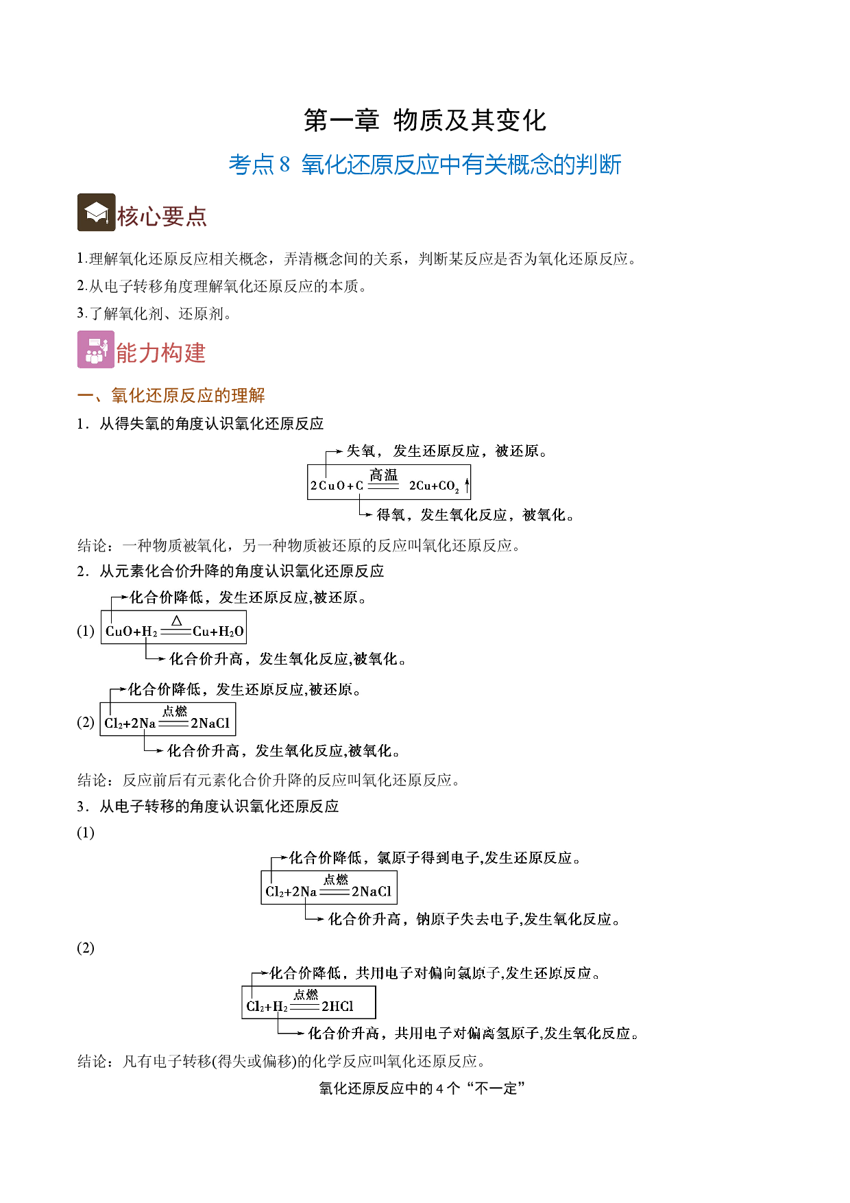 1.8 氧化还原反应中有关概念的判断（精讲）-2021-2022学年高一化学上学期《考点&bull;题型&bull;技巧》精讲与精练高分突破（人教版2019）.doc 第1页