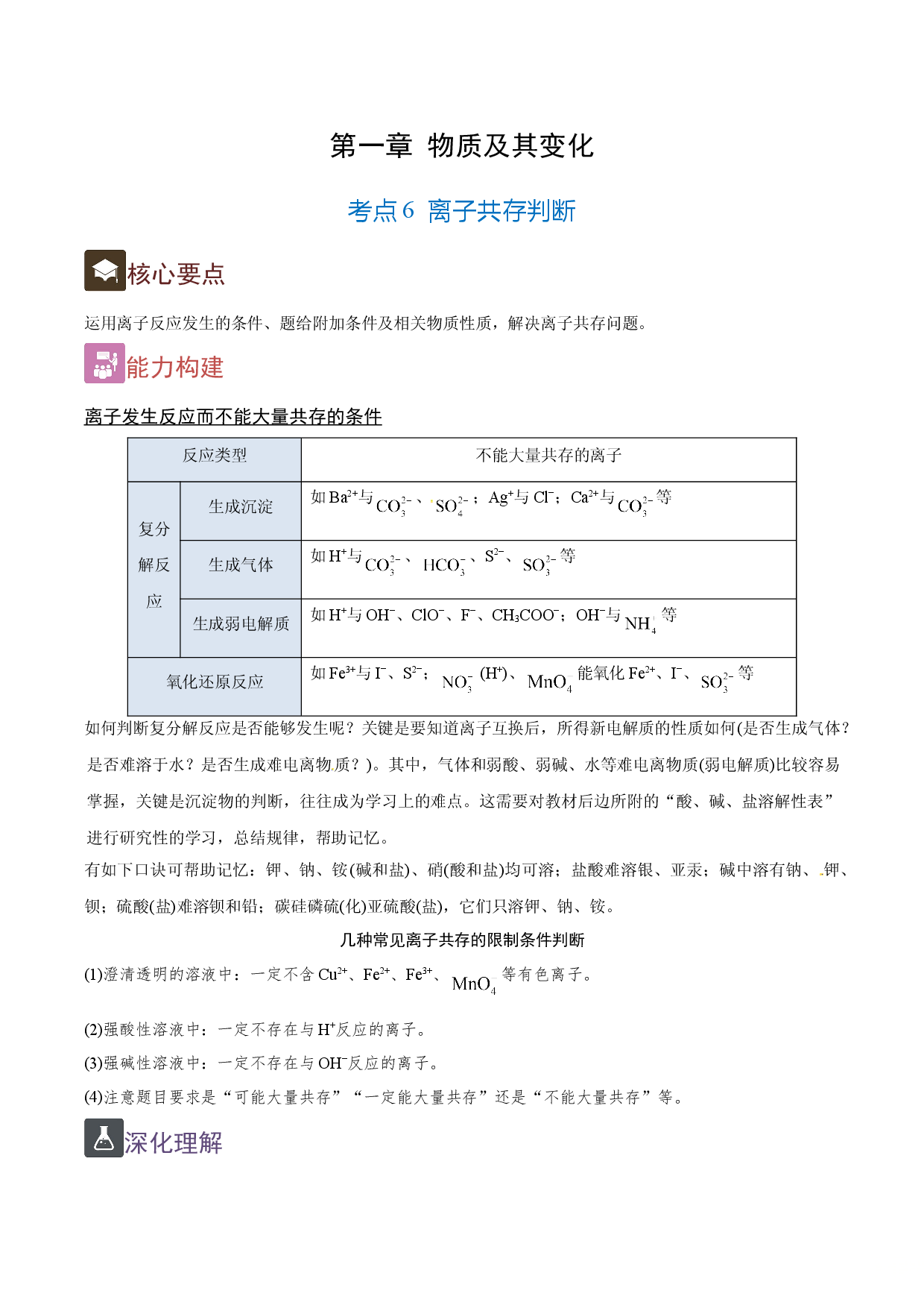 1.6 离子共存判断（精讲）-2021-2022学年高一化学上学期《考点&bull;题型&bull;技巧》精讲与精练高分突破（人教版2019）.doc 第1页