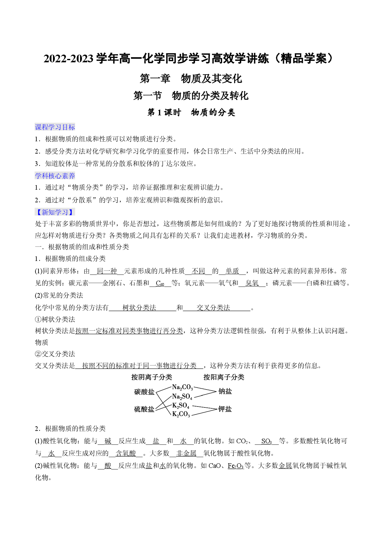 1.1.1 物质的分类（精品学案）-2022-2023学年高一化学同步学习高效学讲练（人教版2019必修第一册）.docx 第1页