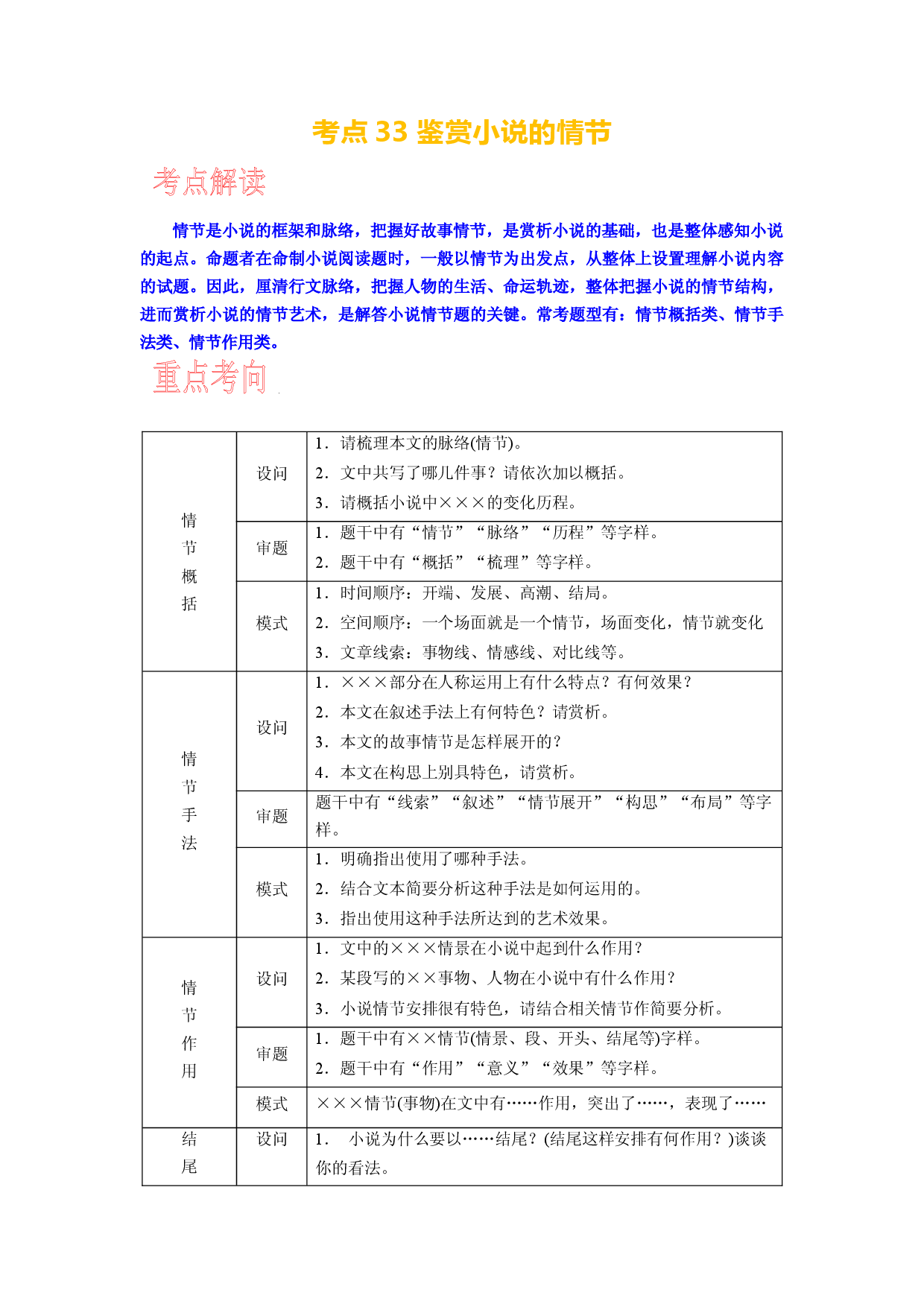 考点33 鉴赏小说的情节-备战2024年高考语文一轮复习考点帮（新高考专用）.docx 第1页