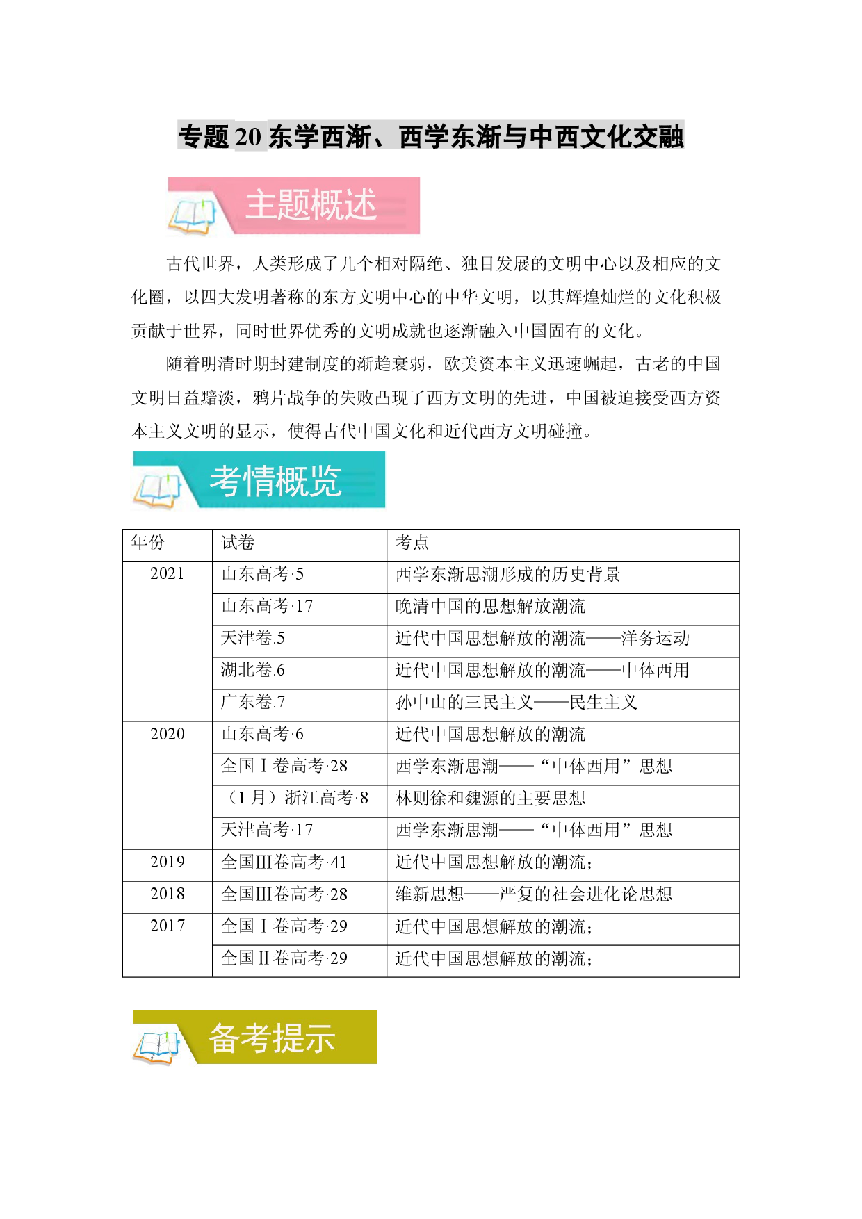 专题20 东学西渐、西学东渐与中西文化交融-备战2022年高考历史一轮复习考点微专题（全国通用版）.docx 第1页