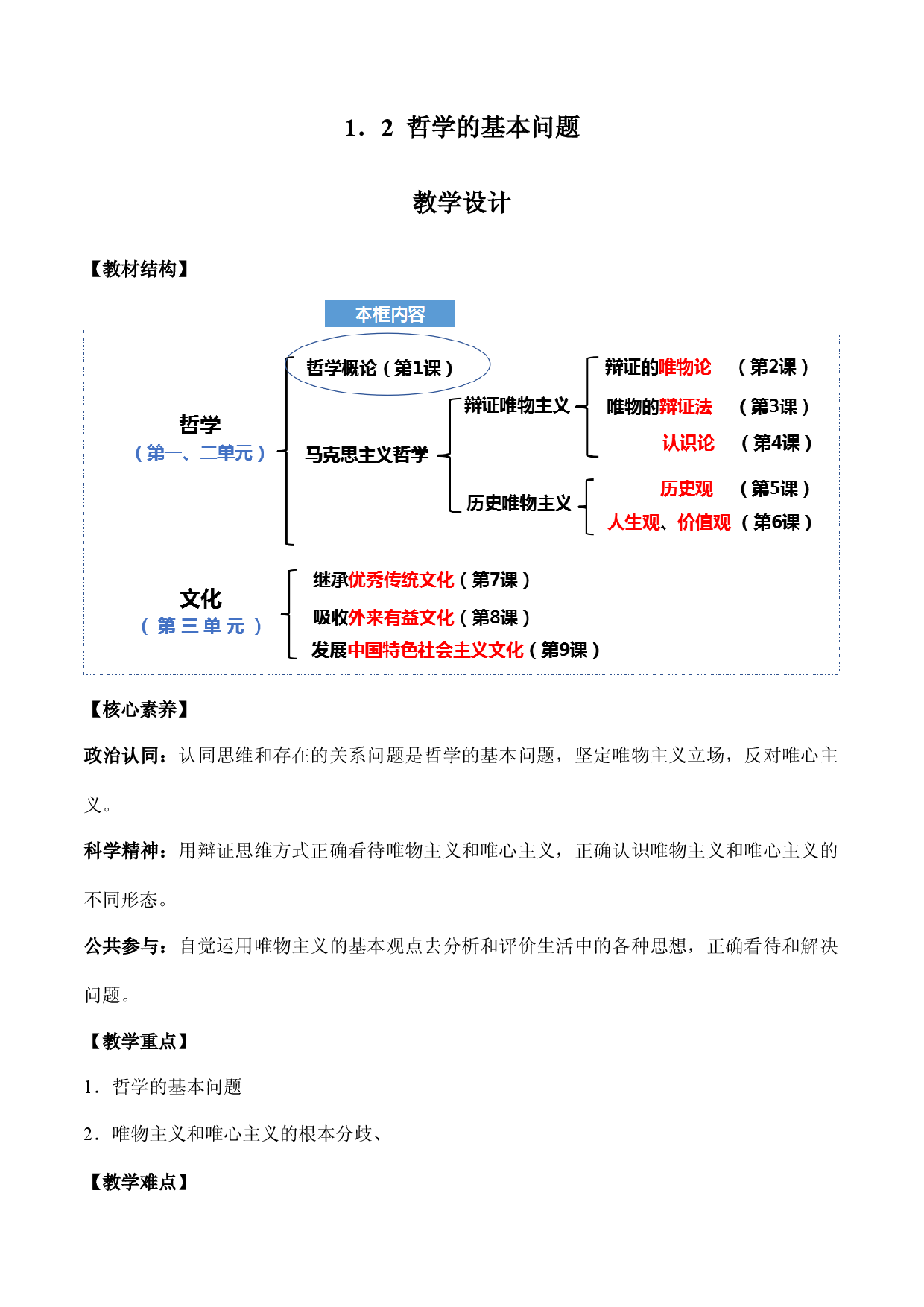 1.2 哲学的基本问题（教学设计）-【高效一堂通】2023-2024学年高二政治精品课件+教学设计+同步检测（统编版必修4）.docx 第1页
