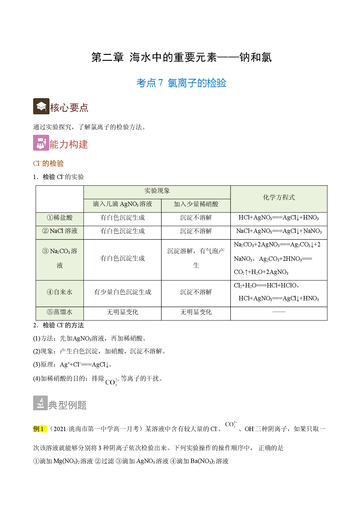 2.7 氯离子的检验（精讲）-2021-2022学年高一化学上学期《考点&bull;题型&bull;技巧》精讲与精练高分突破（人教版2019）.doc 第1页