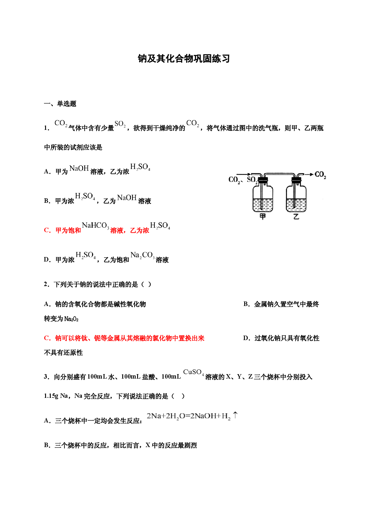 2.1钠及其化合物 巩固练习-浙江大学附属中学高中化学人教版（2019）必修第一册.docx 第1页