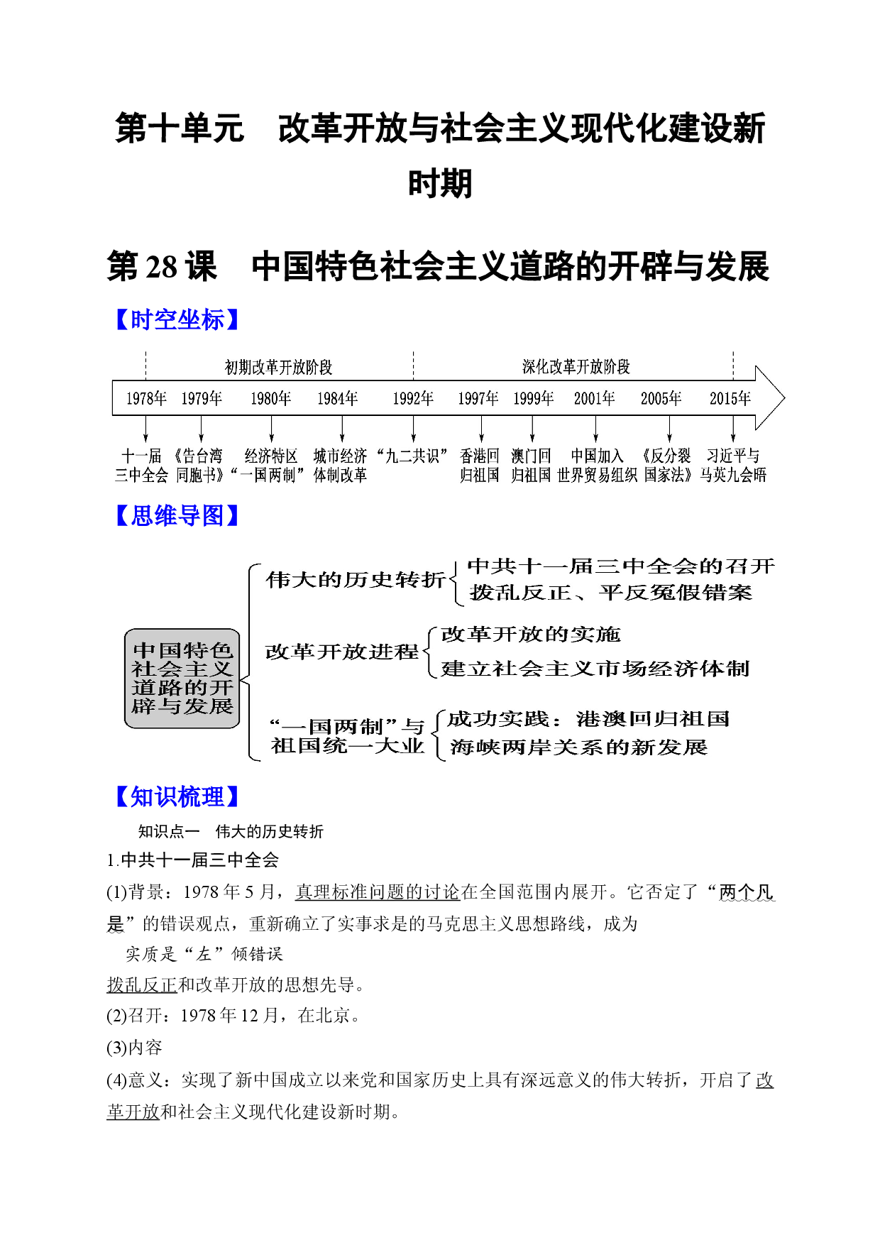 第28课 中国特色社会主义道路的开辟与发展 -【高分必背】2022-2023学年高一历史期中期末复习记诵笔记（中外历史纲要上）.docx 第1页