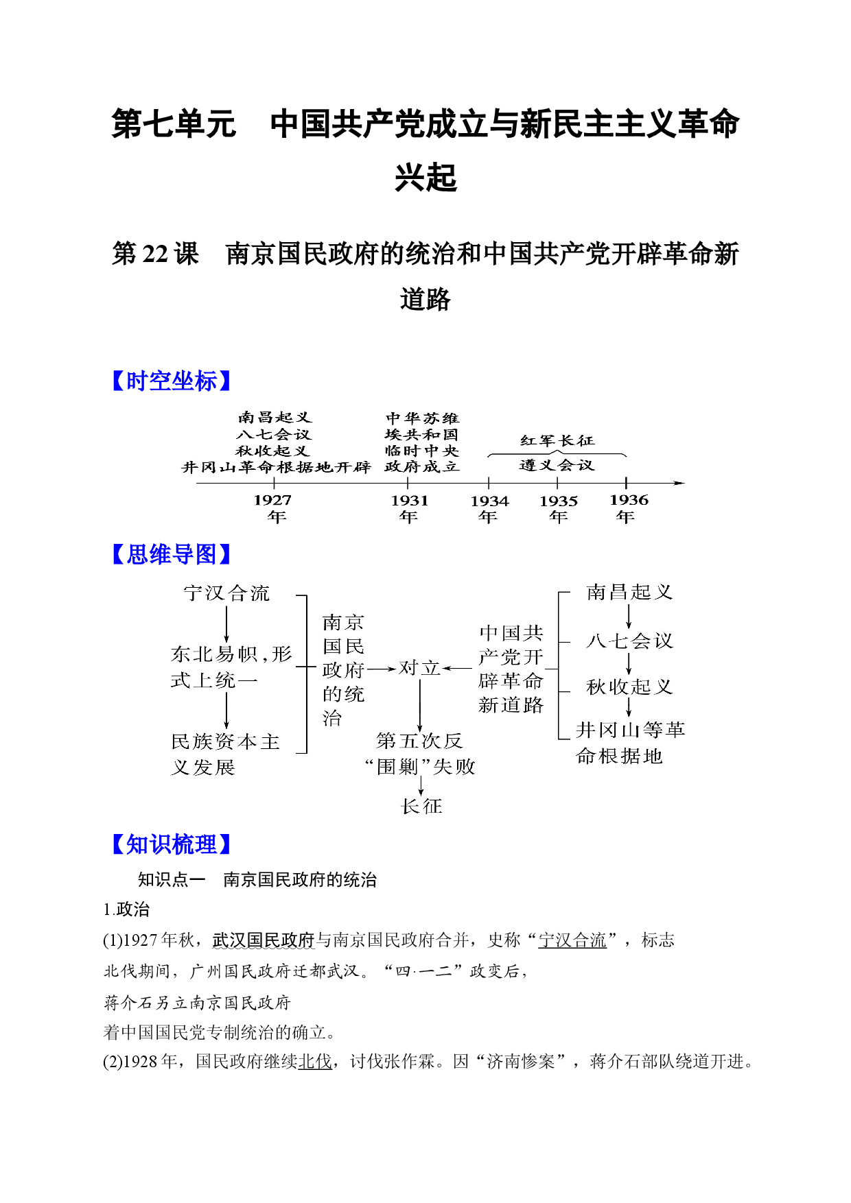 第22课 南京国民政府的统治和中国共产党开辟革命新道路 -【高分必背】2022-2023学年高一历史期中期末复习记诵笔记（中外历史纲要上）.docx 第1页