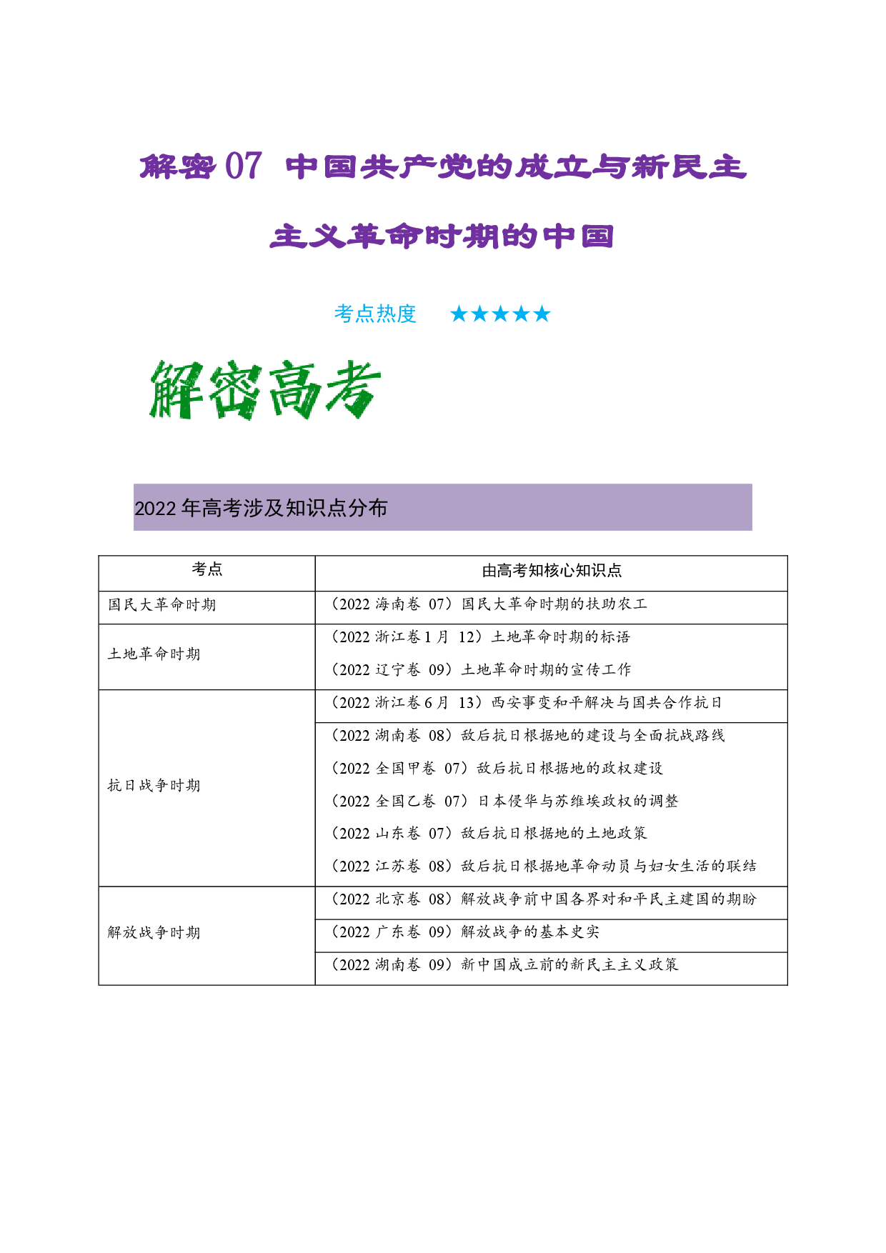 解密07 中国共产党的成立与新民主主义革命时期的中国（复习讲义）-【高频考点解密】2023年高考历史二轮复习讲义+分层训练（统编版通用）.docx 第1页