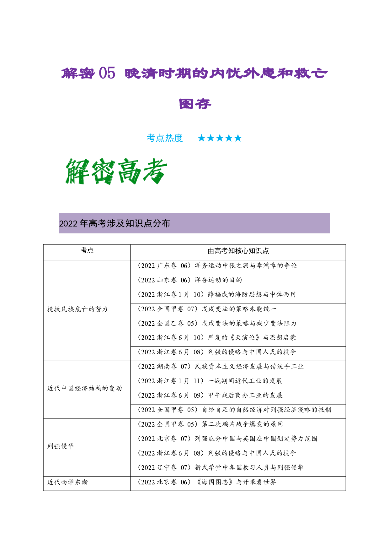 解密05 晚清时期的内忧外患和救亡图存（复习讲义）-【高频考点解密】2023年高考历史二轮复习讲义+分层训练（统编版通用）.docx 第1页