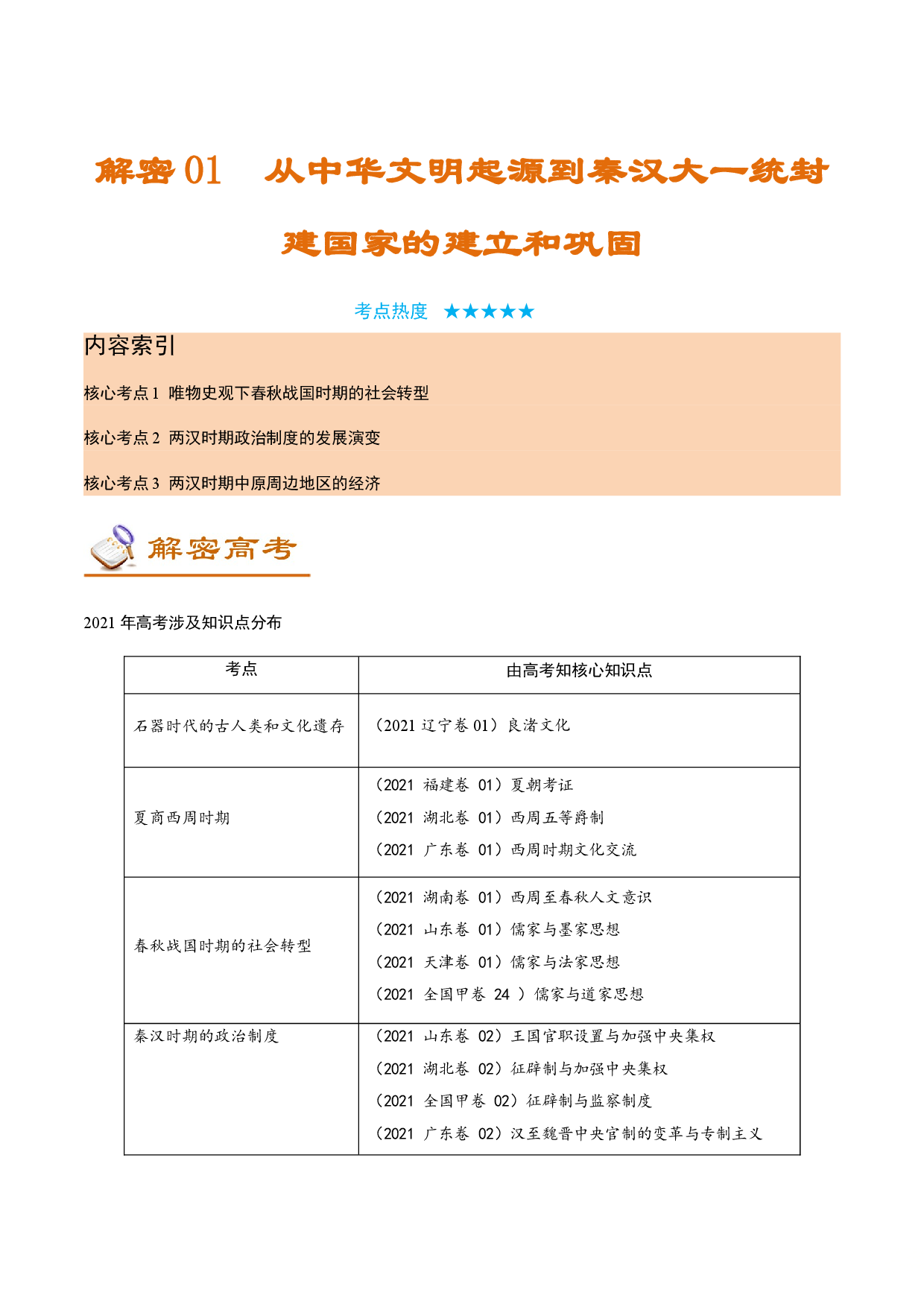 解密01 从中华文明起源到秦汉大一统封建国家的建立和巩固（讲义）-【高频考点解密】2022年高考历史二轮复习讲义+分层训练（全国通用）.doc 第1页