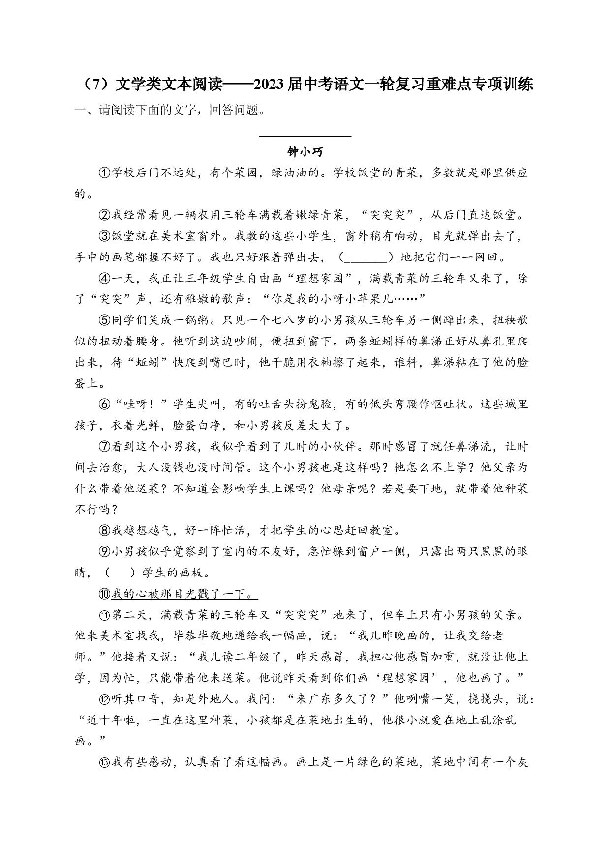 2023年中考语文一轮复习重难点专项训练 （7）文学类文本阅读.docx 第1页