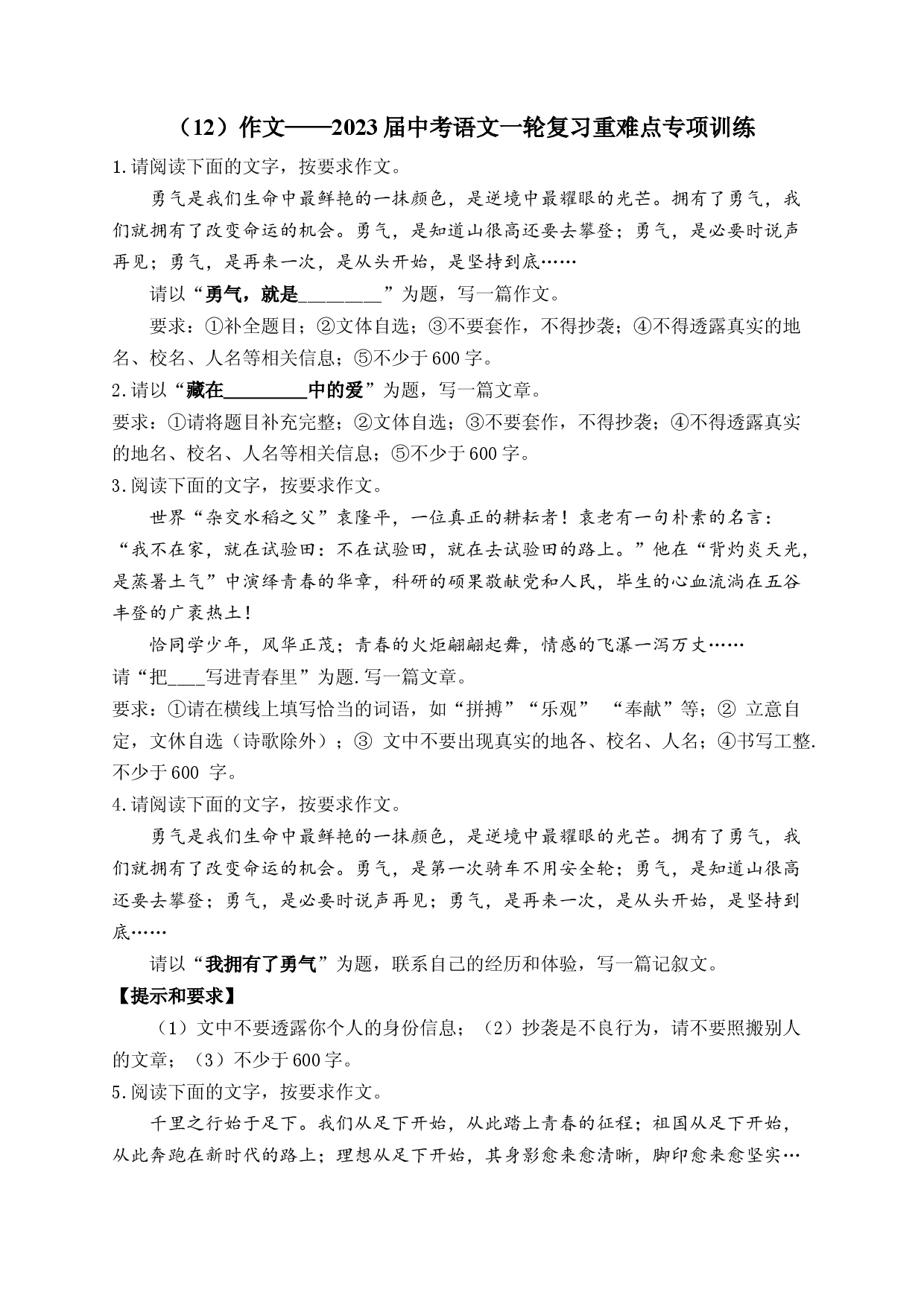 2023年中考语文一轮复习重难点专项训练  （12）作文.docx 第1页