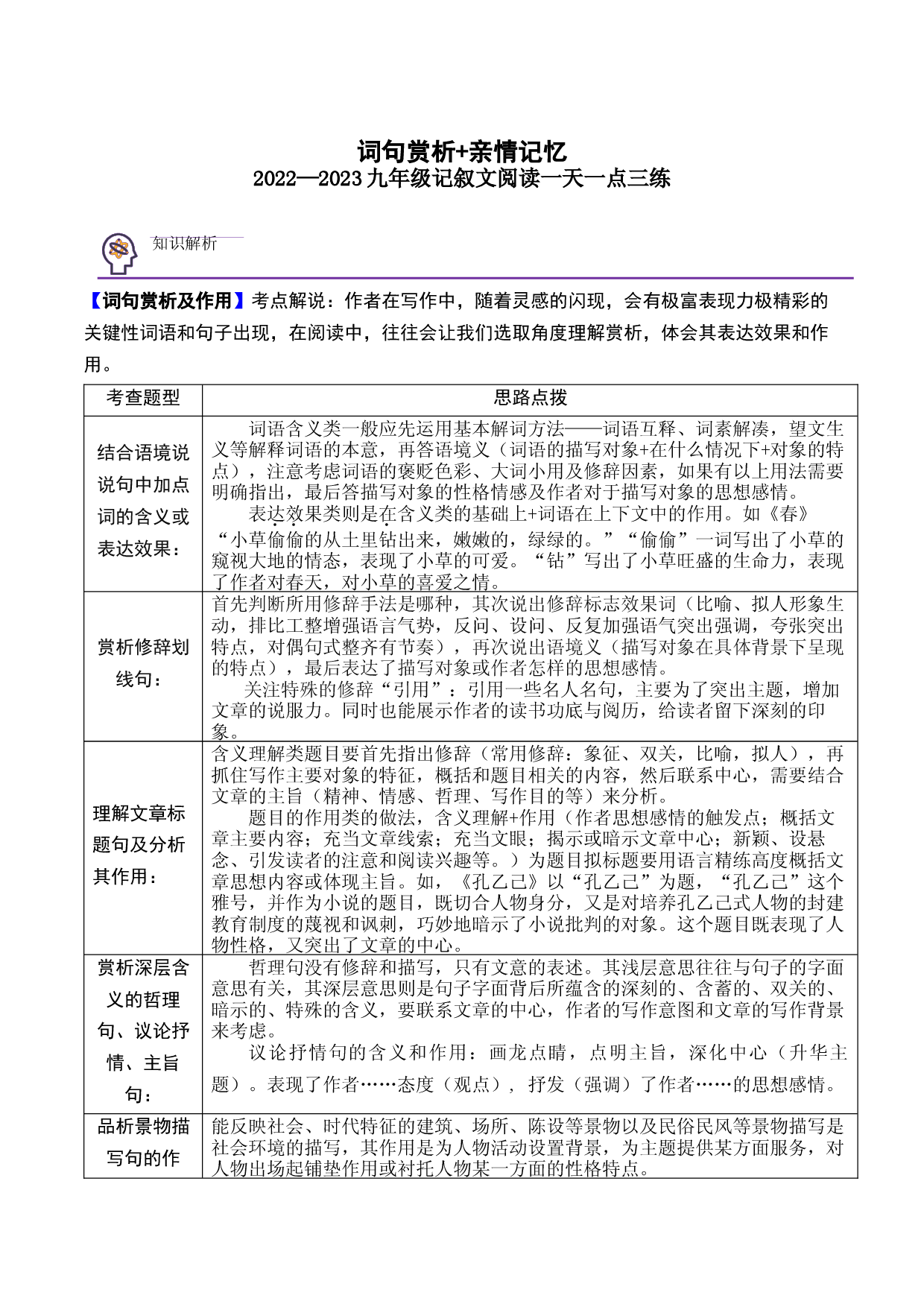 2.词句赏析+亲情记忆-2022-2023学年九年级现代文阅读一天一点三练.docx 第1页