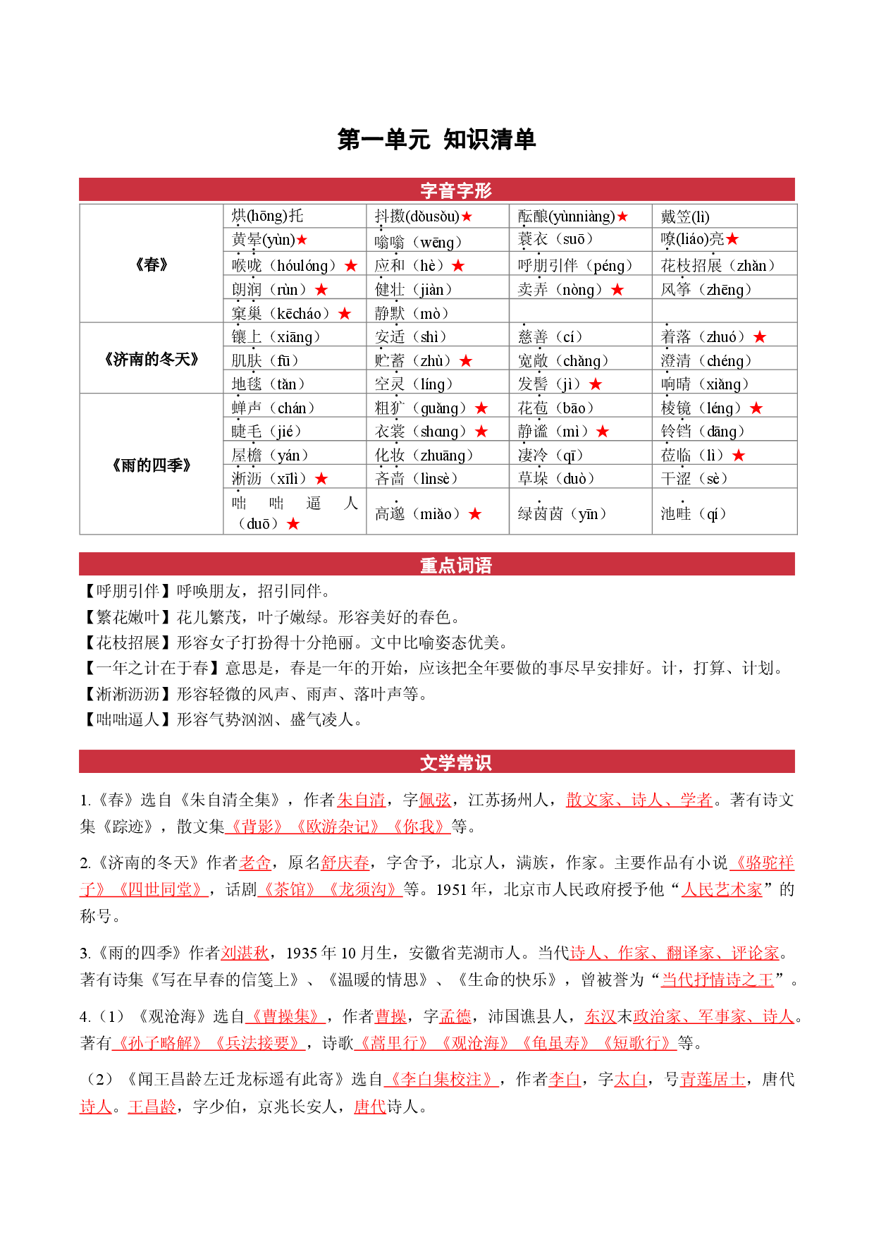 第一单元（知识清单） 2022-2023学年七年级语文上册同步备课系列（部编版）.docx 第1页