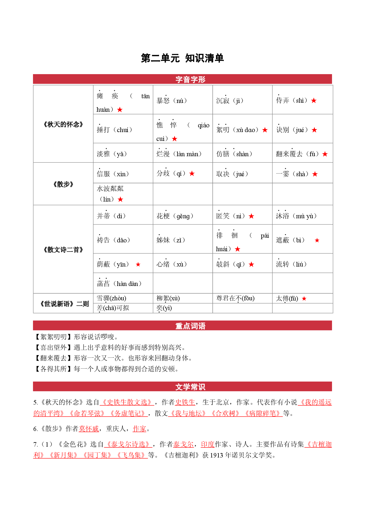 第二单元（知识清单） 2022-2023学年七年级语文上册同步备课系列（部编版）.docx 第1页