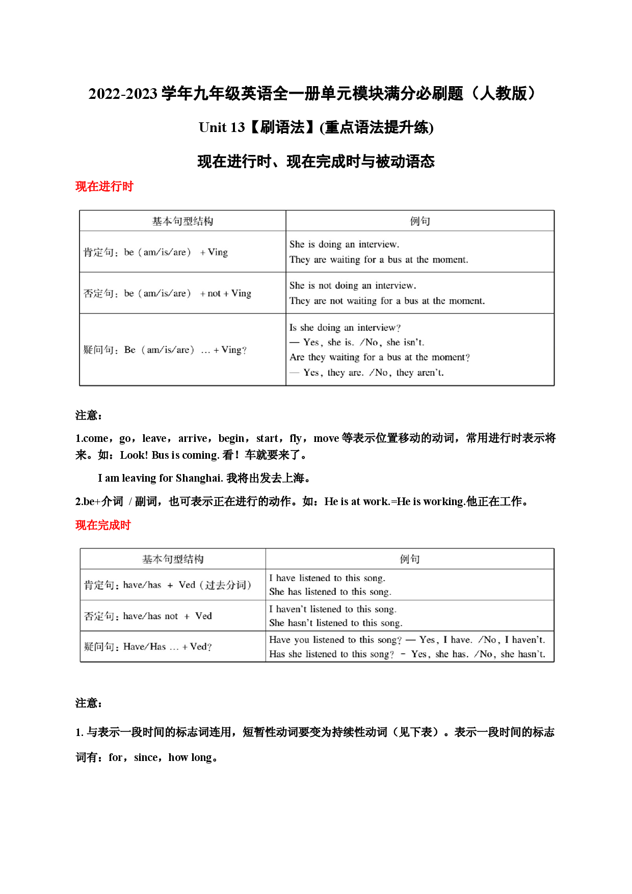 Unit 13【刷语法】现在进行时、现在完成时与被动语态(重点语法提升练)-2022-2023学年九年级英语全一册单元模块满分必刷题（人教版）.docx 第1页