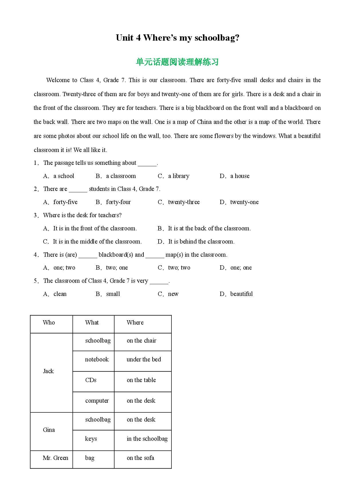 Unit 4 单元话题阅读理解练习-2023-2024学年七年级英语上册单元重难点易错题精练（人教版）.docx 第1页
