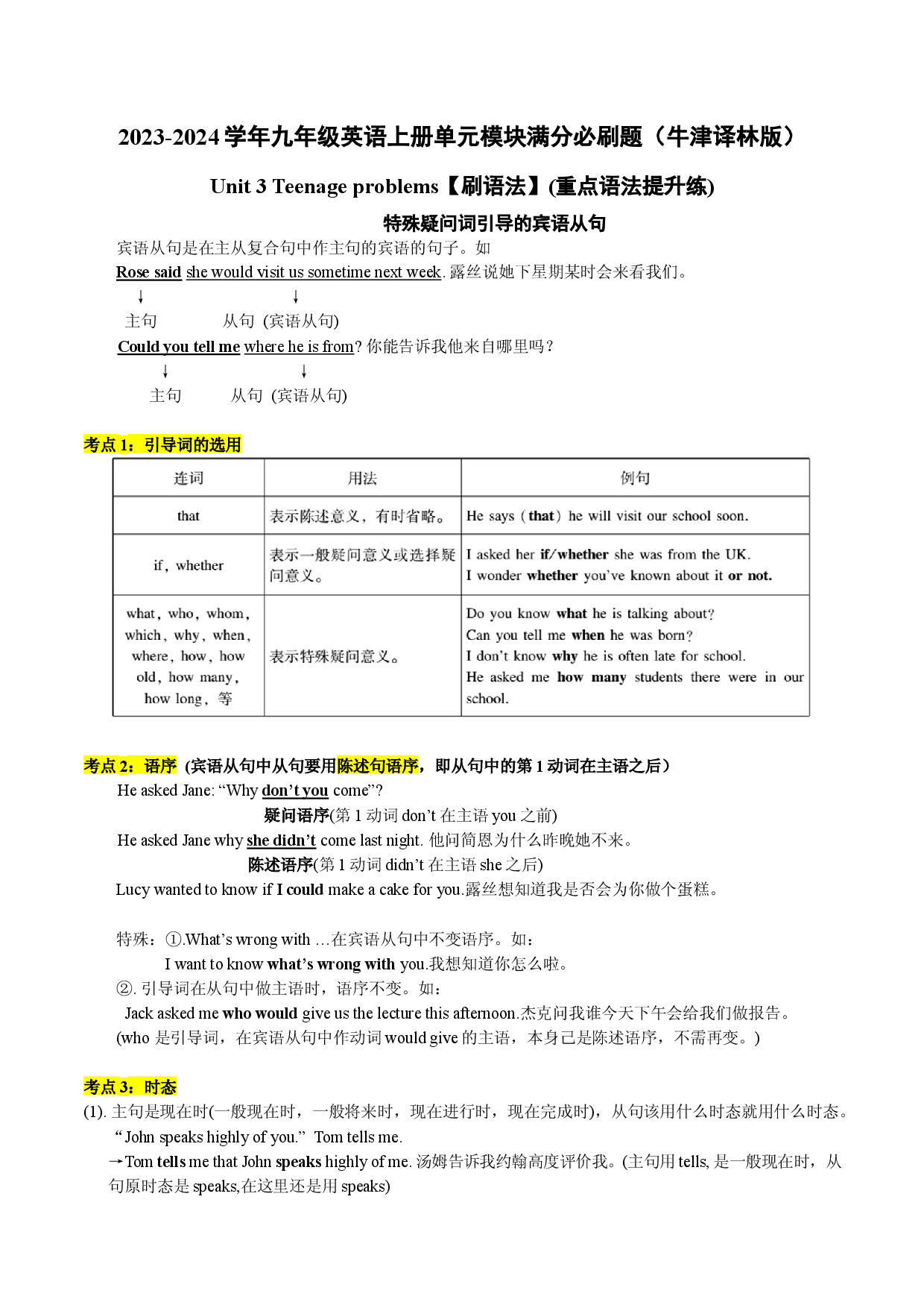 Unit 3【刷语法】特殊疑问词引导的宾语从句(重点语法提升练)-2023-2024学年九年级英语上册单元模块满分必刷题（牛津译林版）.docx 第1页
