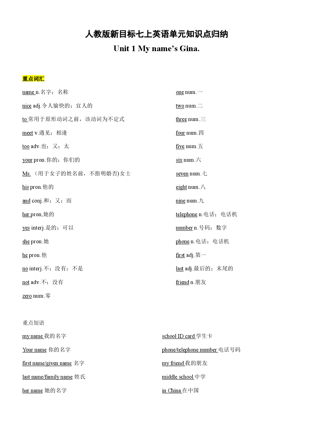 Unit 1 My name is Gina 知识点归纳-2023-2024学年七年级上册英语（人教新目标版）.docx 第1页