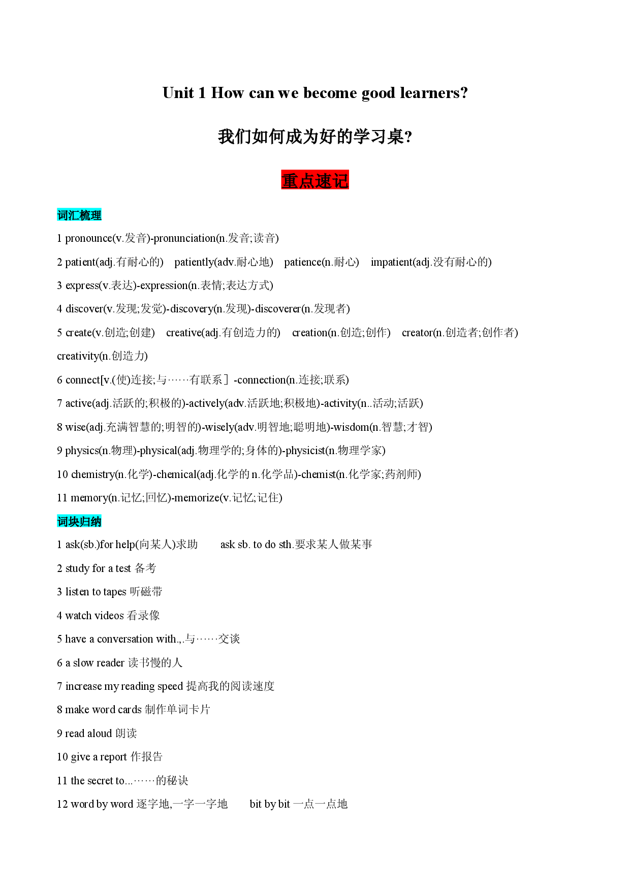 Unit 1 How can we become good learners 重点速记+语法精讲+写作指导+阅读提升-2023-2024学年英语九年级上册(人教版).docx 第1页