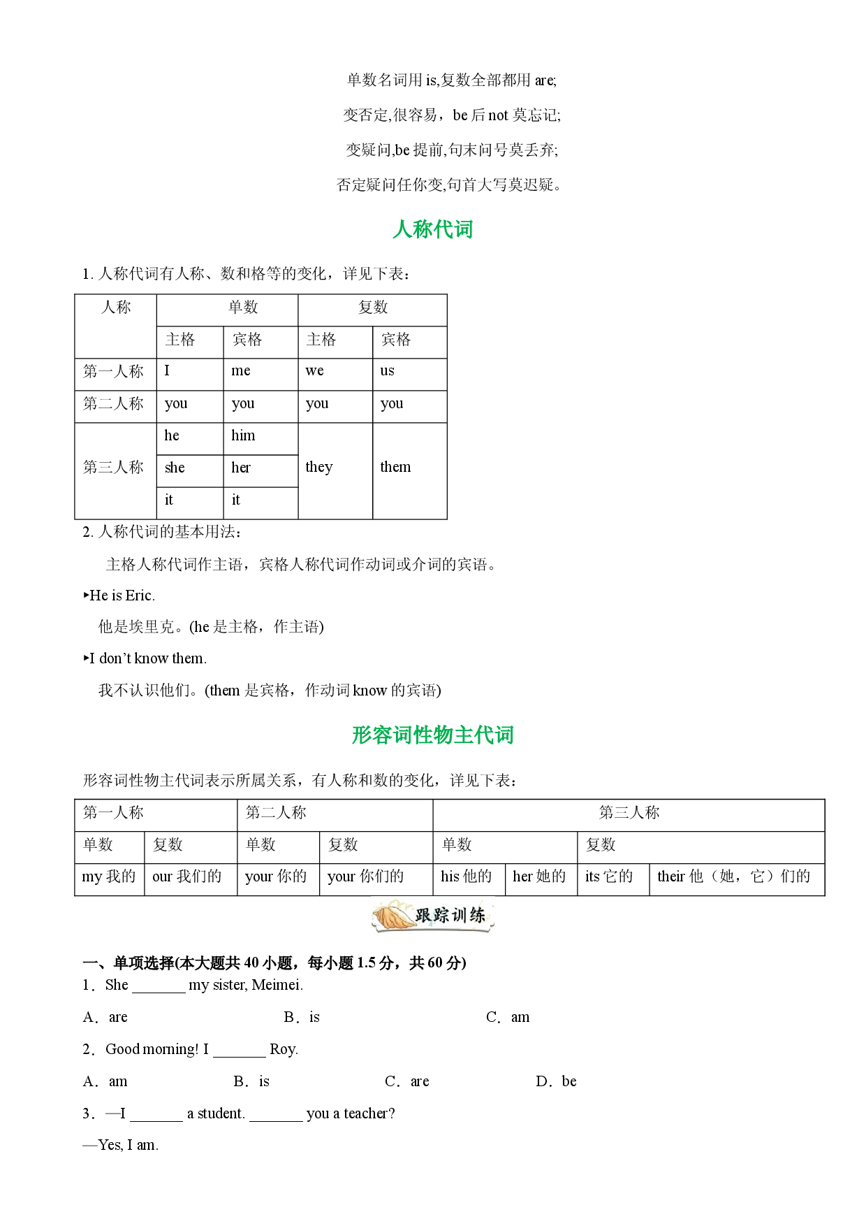Unit 1 Grammar 语法 be动词的一般现在时，人称代词和形容词性物主代词-2023-2024学年七年级英语上册单元语法精讲精练（人教版）.docx 第2页