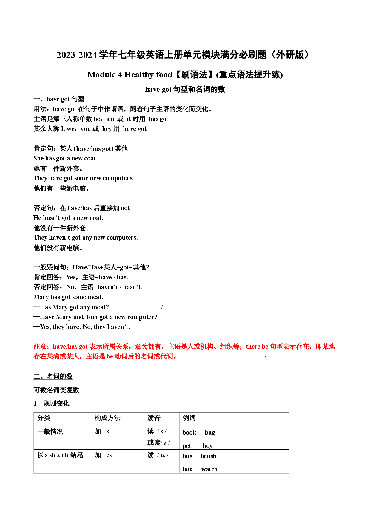 Module 4【刷语法】have got句型和名词的数(重点语法提升练)-2023-2024学年七年级英语上册单元模块满分必刷题（外研版）.docx 第1页