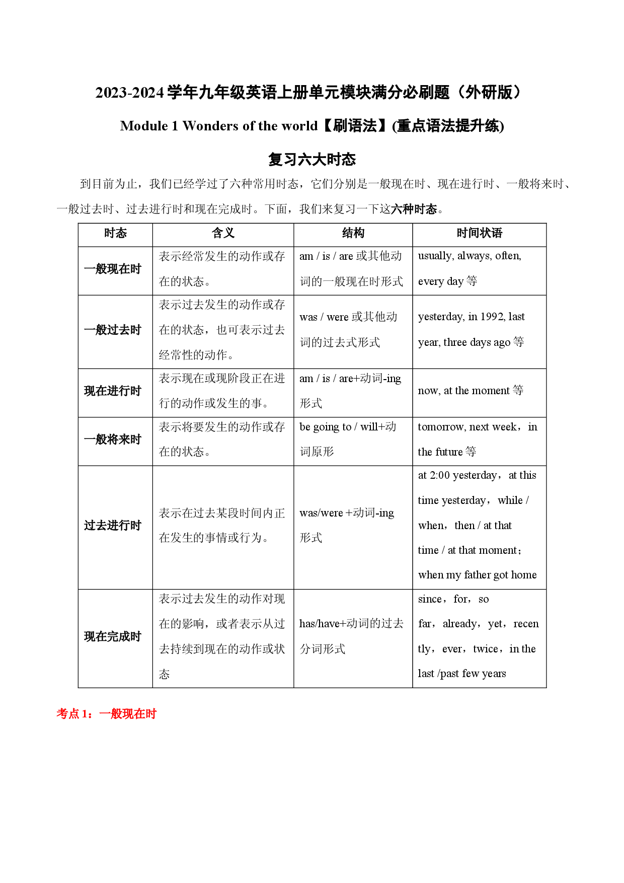 Module 1 【刷语法】复习六大时态(重点语法提升练)-2023-2024学年九年级英语上册单元模块满分必刷题（外研版）.docx 第1页