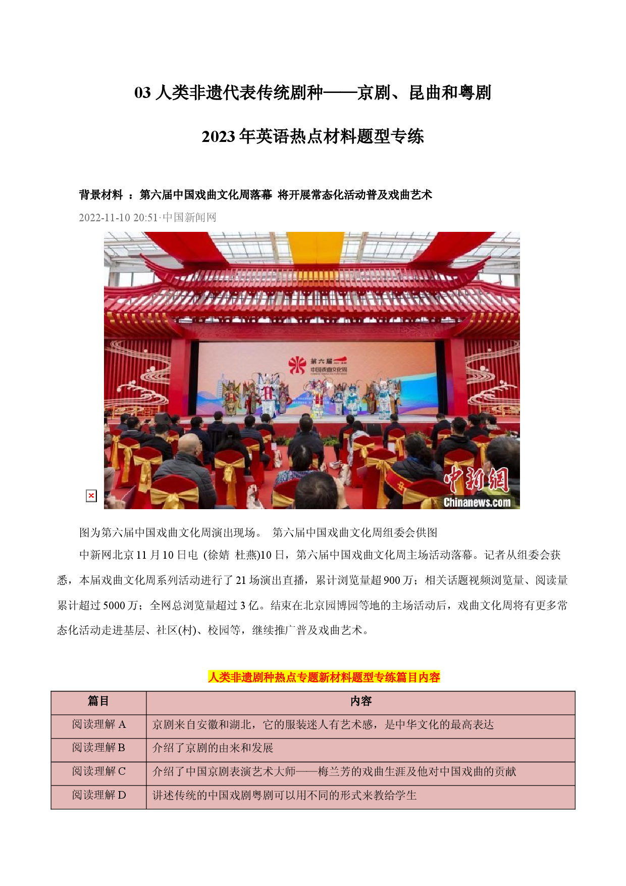 03 人类非遗代表传统剧种&mdash;&mdash;京剧、昆曲和粤剧-2023年英语热点材料题型专练.docx 第1页
