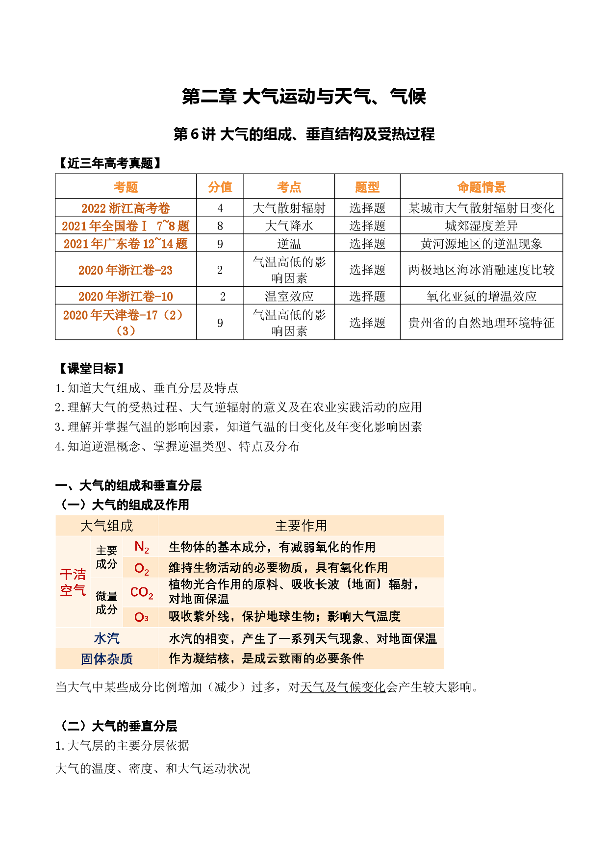 第6讲 大气的组成、垂直结构及受热过程（讲义）-2023年高考地理一轮复习讲练测（新教材新高考）.docx 第1页