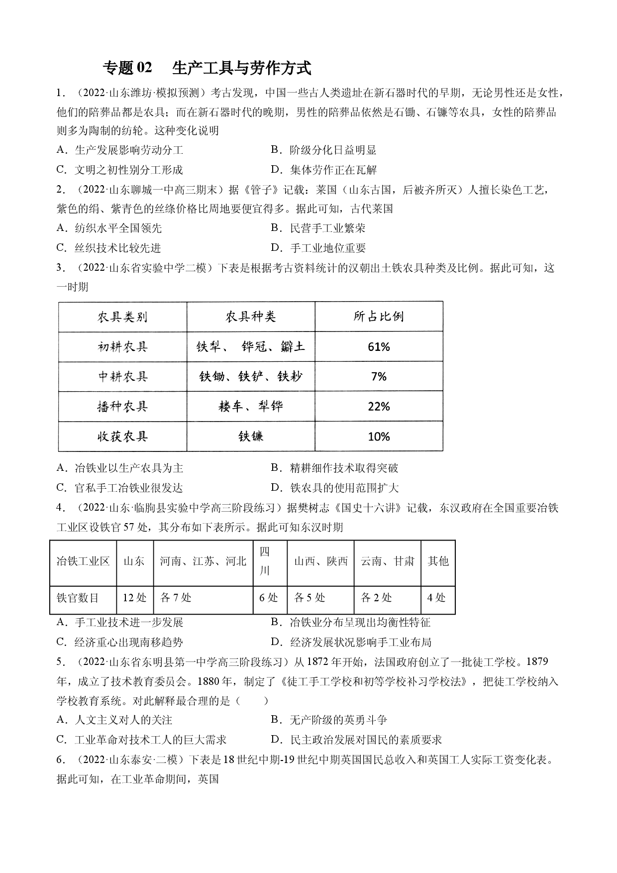 专题02  生产工具与劳作方式-备战2023年山东省新高考历史一轮复习模拟精编（选必2经济与社会生活）.docx 第1页