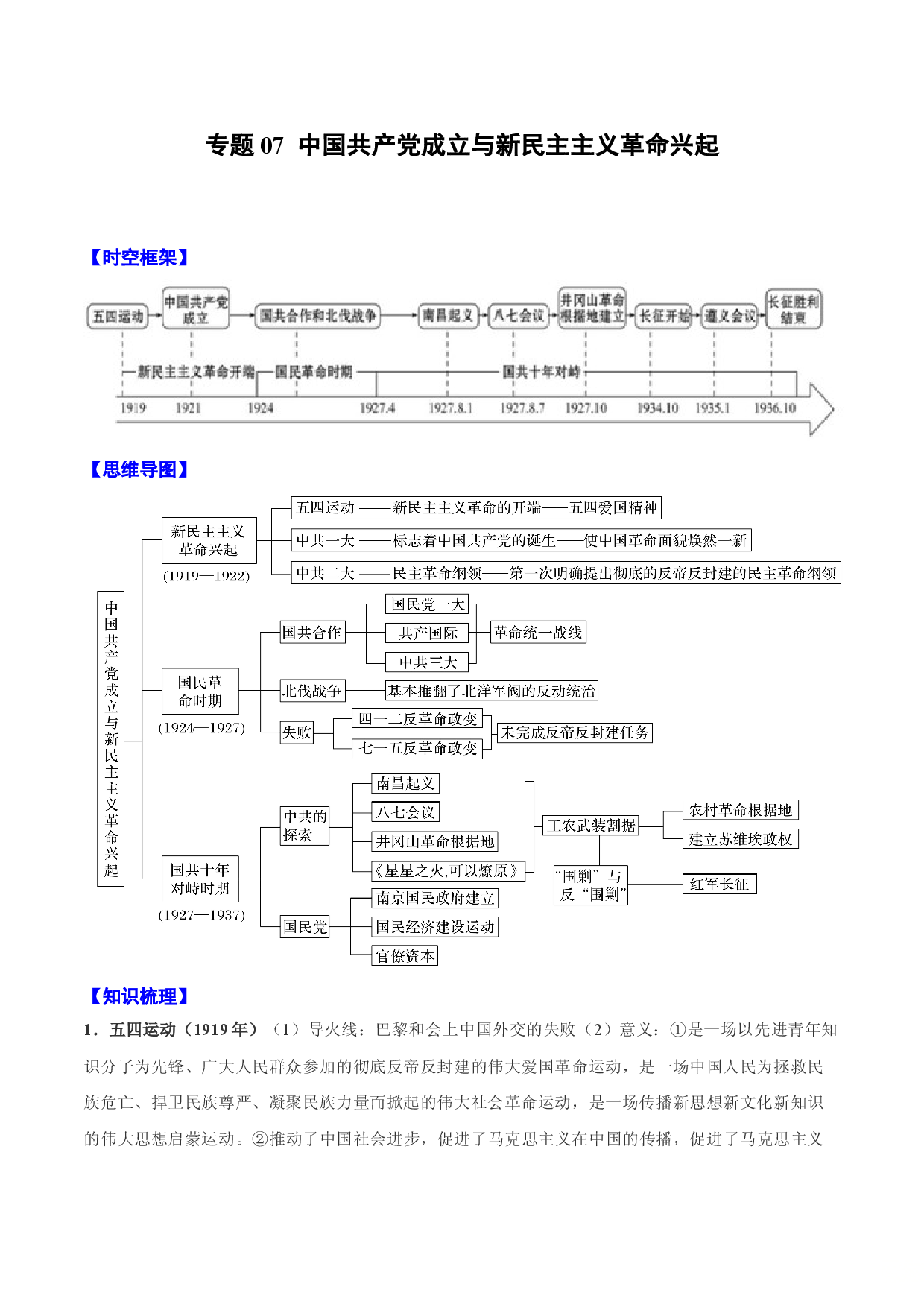 专题07 中国共产党成立与新民主主义革命兴起-2022年高考历史一轮复习精讲精练（新教材新高考）.doc 第1页