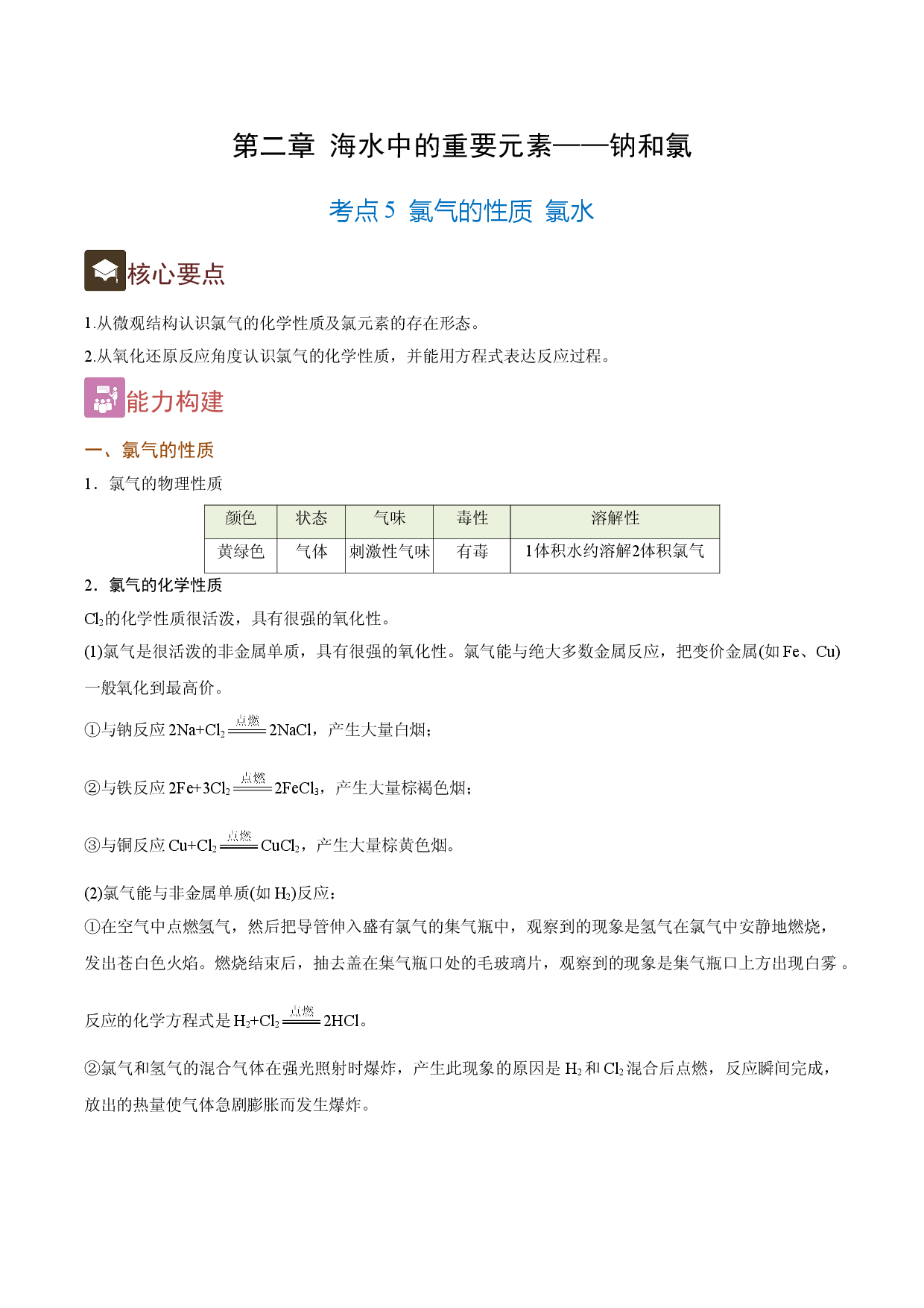 2.5 氯气的性质 氯水（精讲）-2021-2022学年高一化学上学期《考点&bull;题型&bull;技巧》精讲与精练高分突破（人教版2019）.doc 第1页