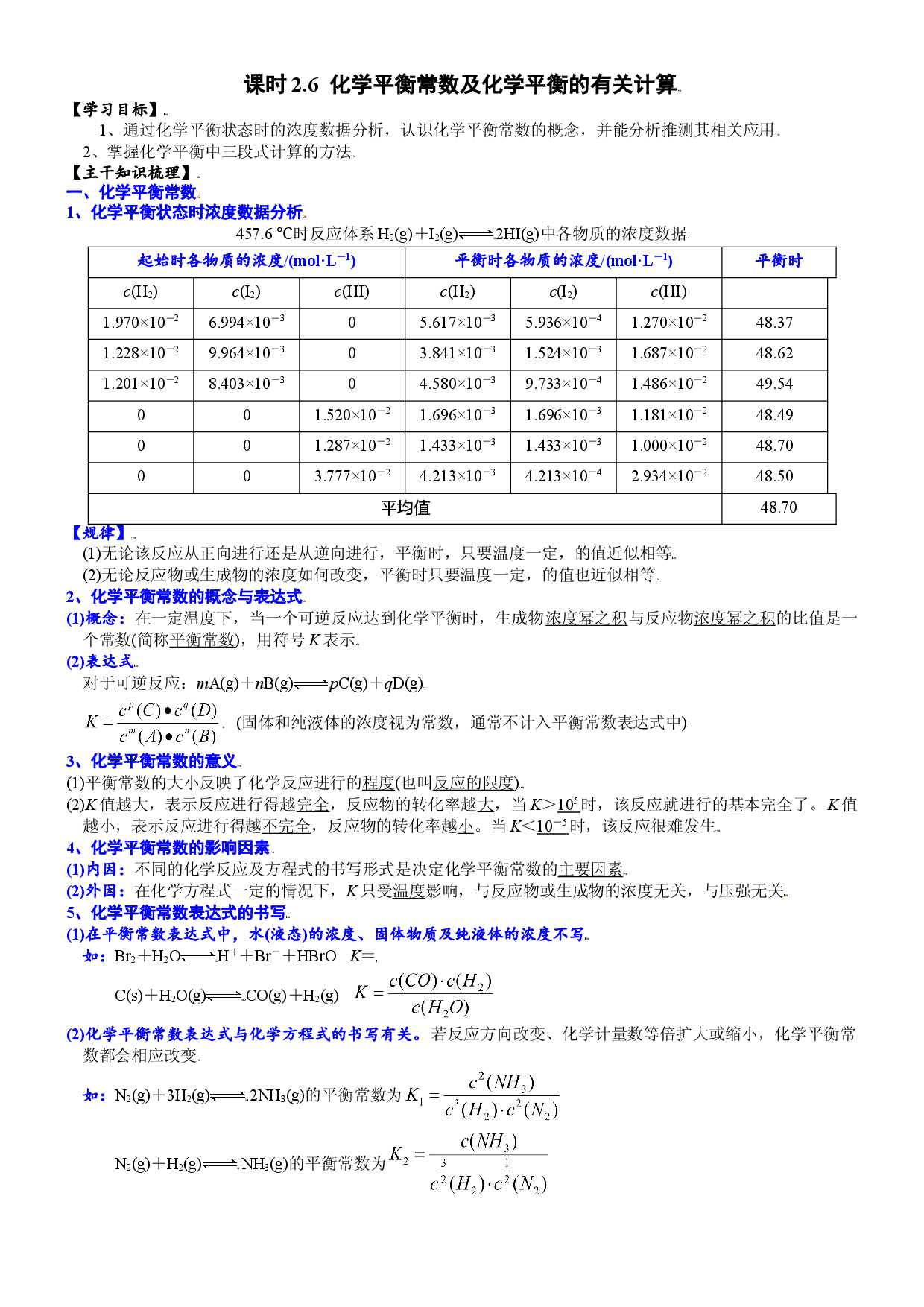 课时2.6 化学平衡常数及化学平衡的有关计算-2021-2022学年高二化学选择性必修1精品讲义（人教版2019）.doc 第1页