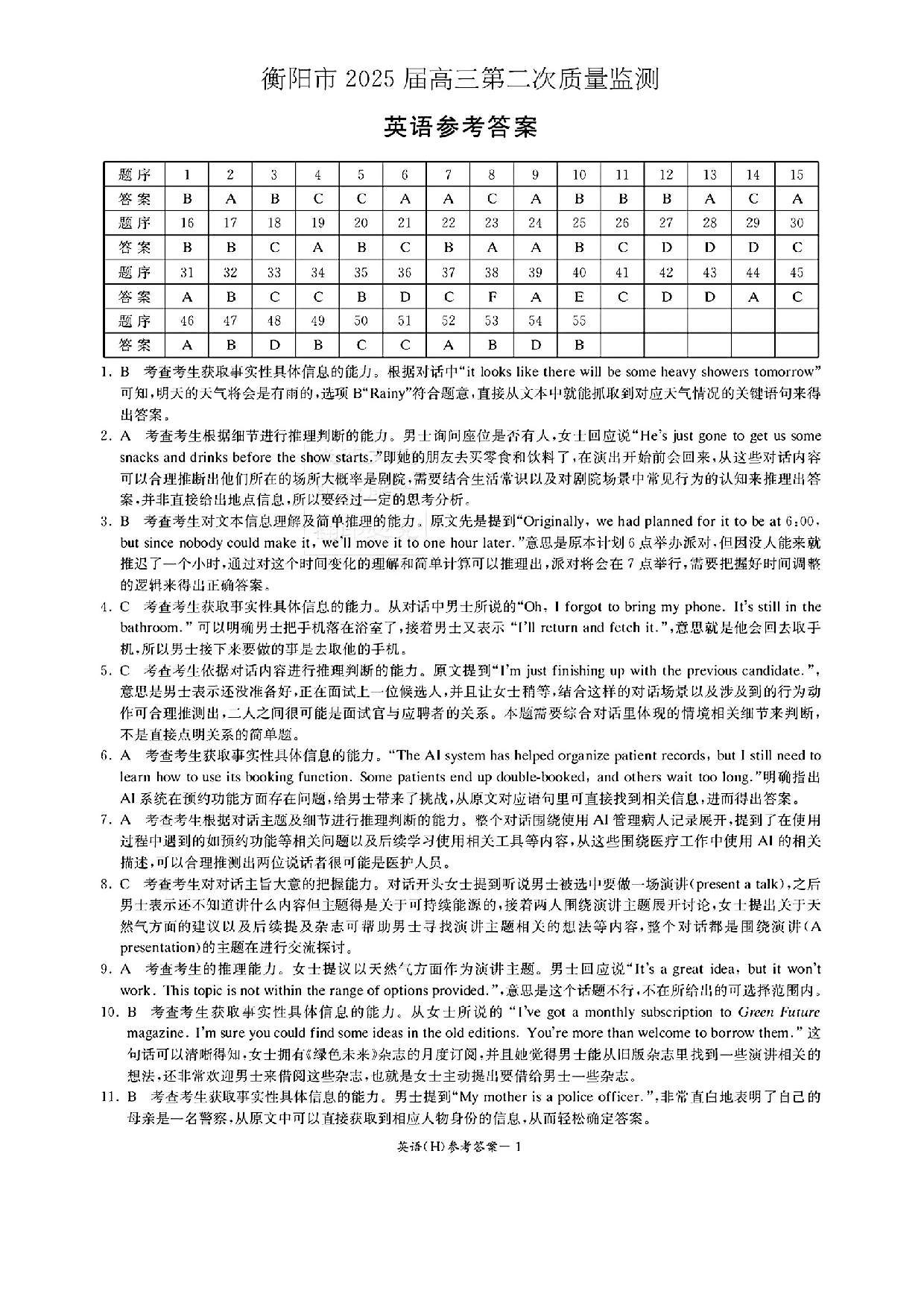 湖南新高考教学校验联盟2025届高三第一次联考英语答案.pdf 第1页