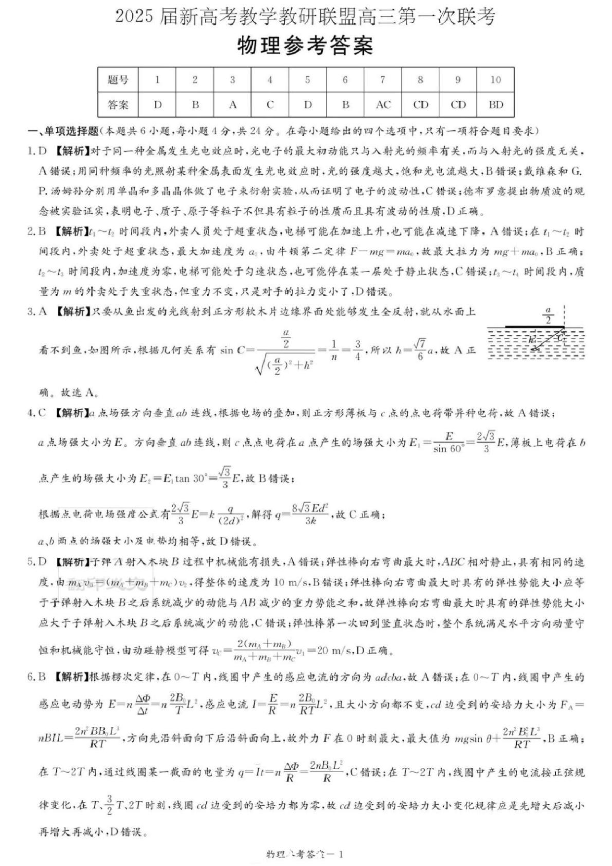 湖南新高考教学校验联盟2025届高三第一次联考物理答案.pdf 第1页