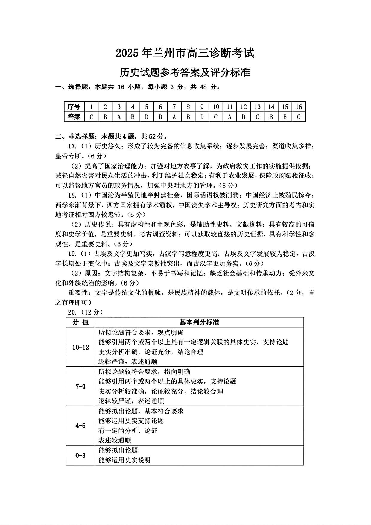 甘肃省兰州市2025届高三下学期诊断考试（一模）历史答案.pdf 第1页
